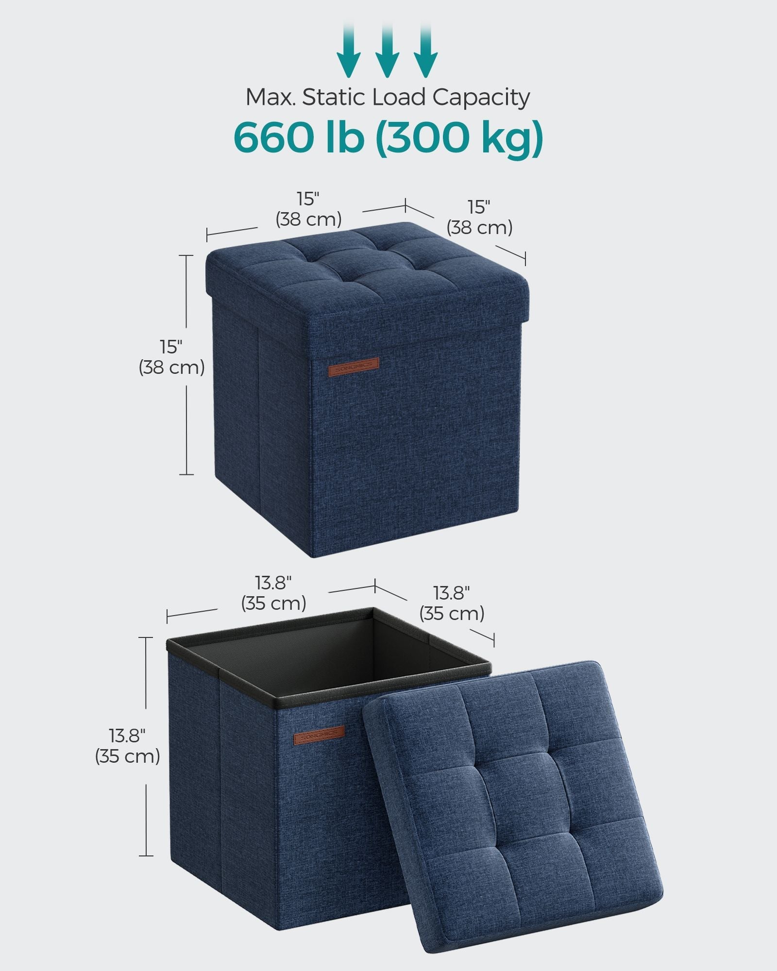 Foldable Storage Ottoman – Padded Fabric – Midnight Blue – 40L Capacity