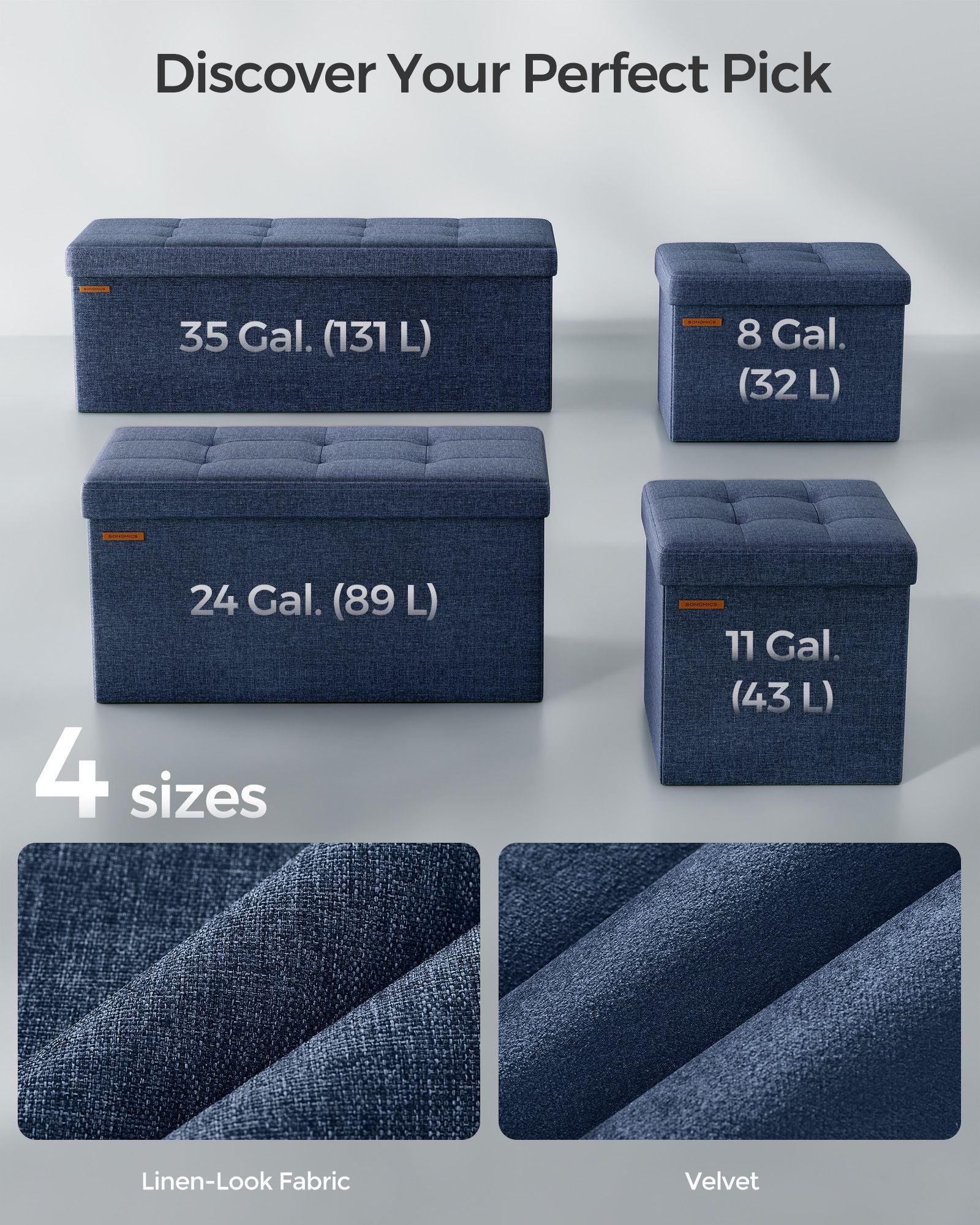 Foldable Storage Ottoman – Padded Fabric – Midnight Blue – 40L Capacity