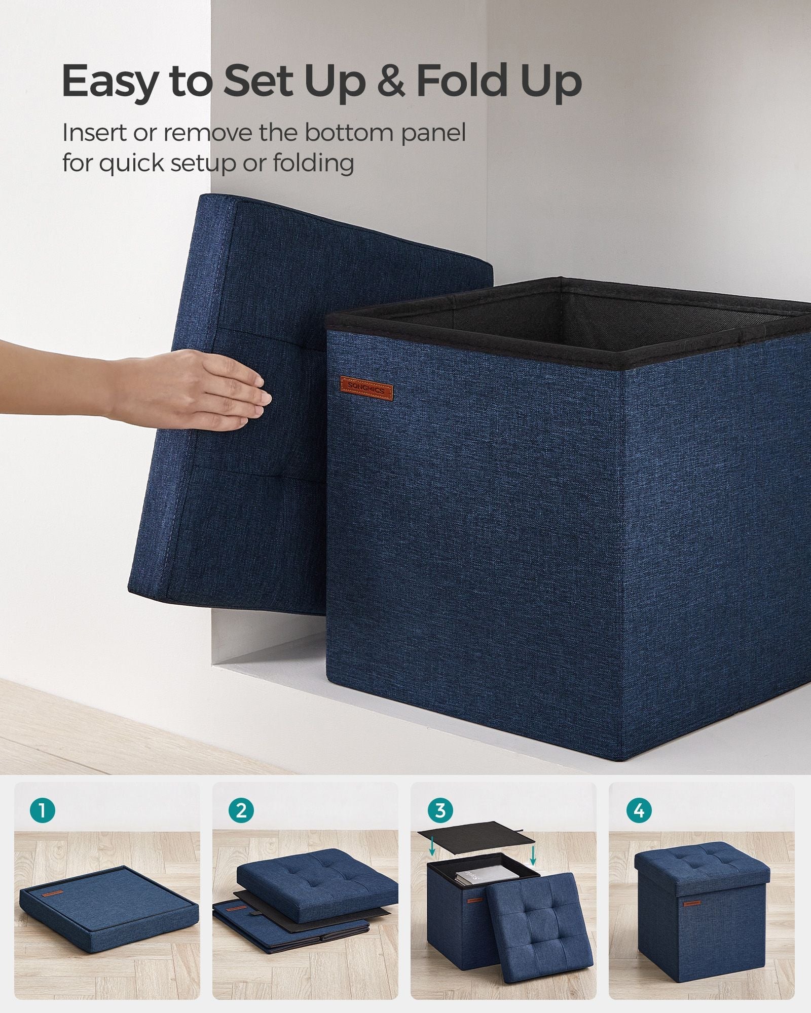 Foldable Storage Ottoman – Padded Fabric – Midnight Blue – 40L Capacity