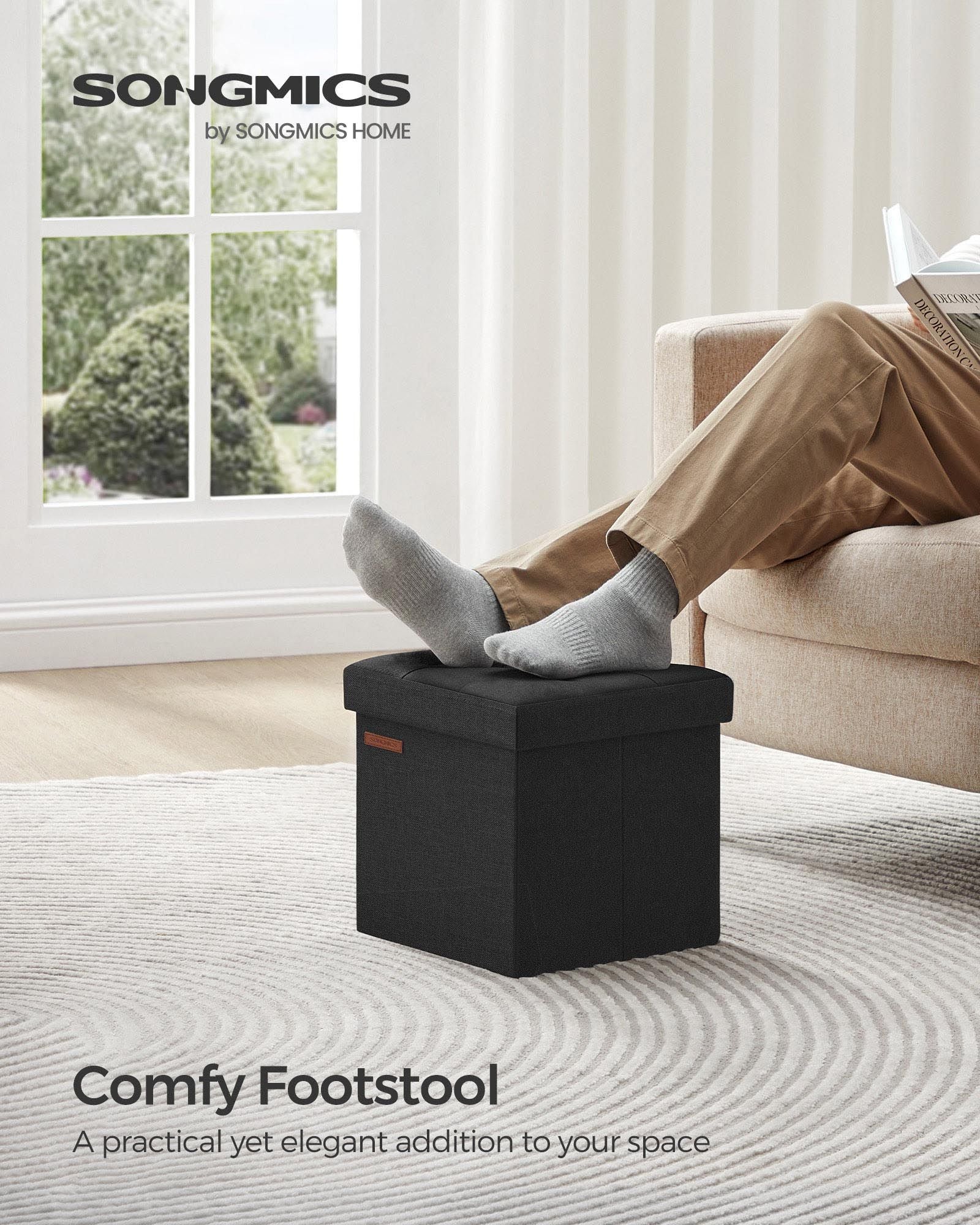 Foldable Storage Ottoman – Fabric – Ink Black – Versatile Use as Bench, Footrest or Bed End Stool