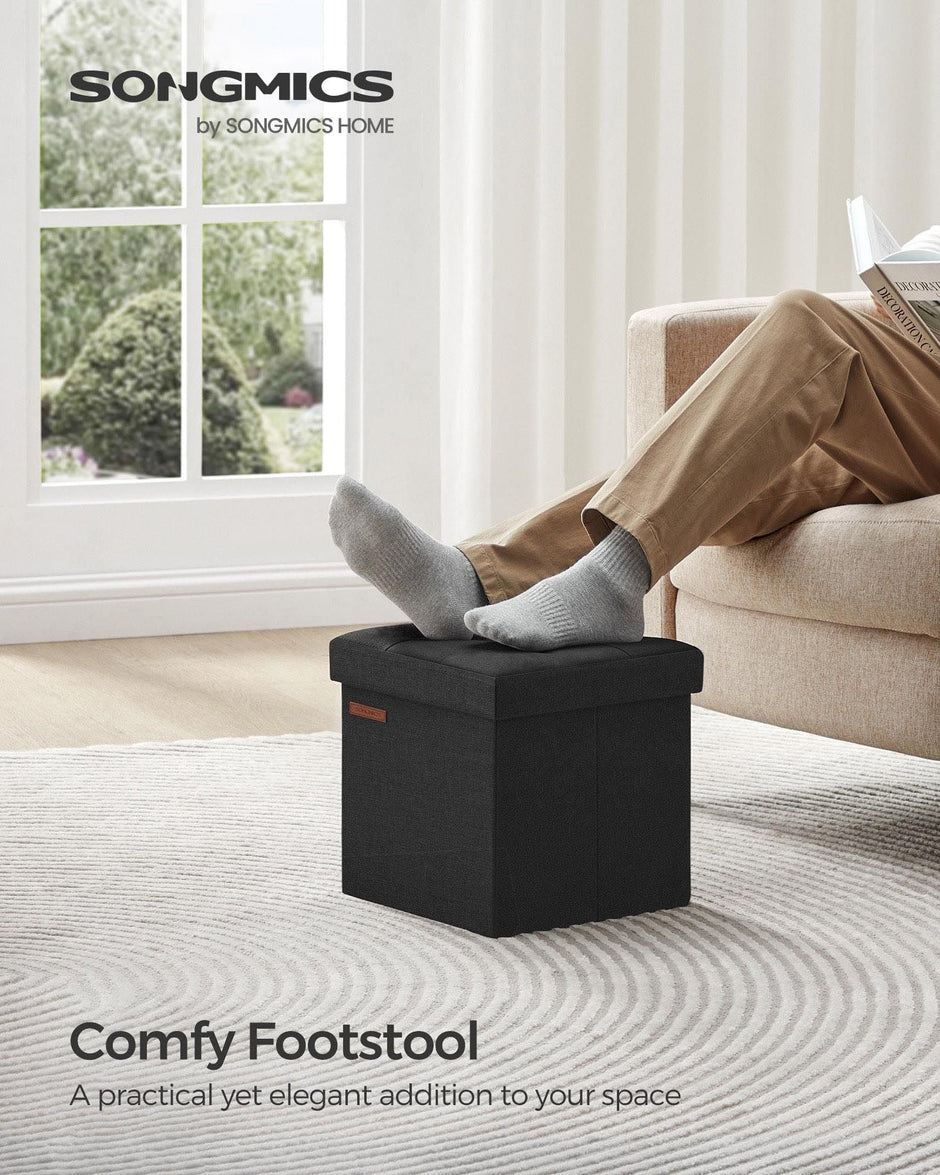 Foldable Storage Ottoman – Fabric – Ink Black – Versatile Use as Bench, Footrest or Bed End Stool
