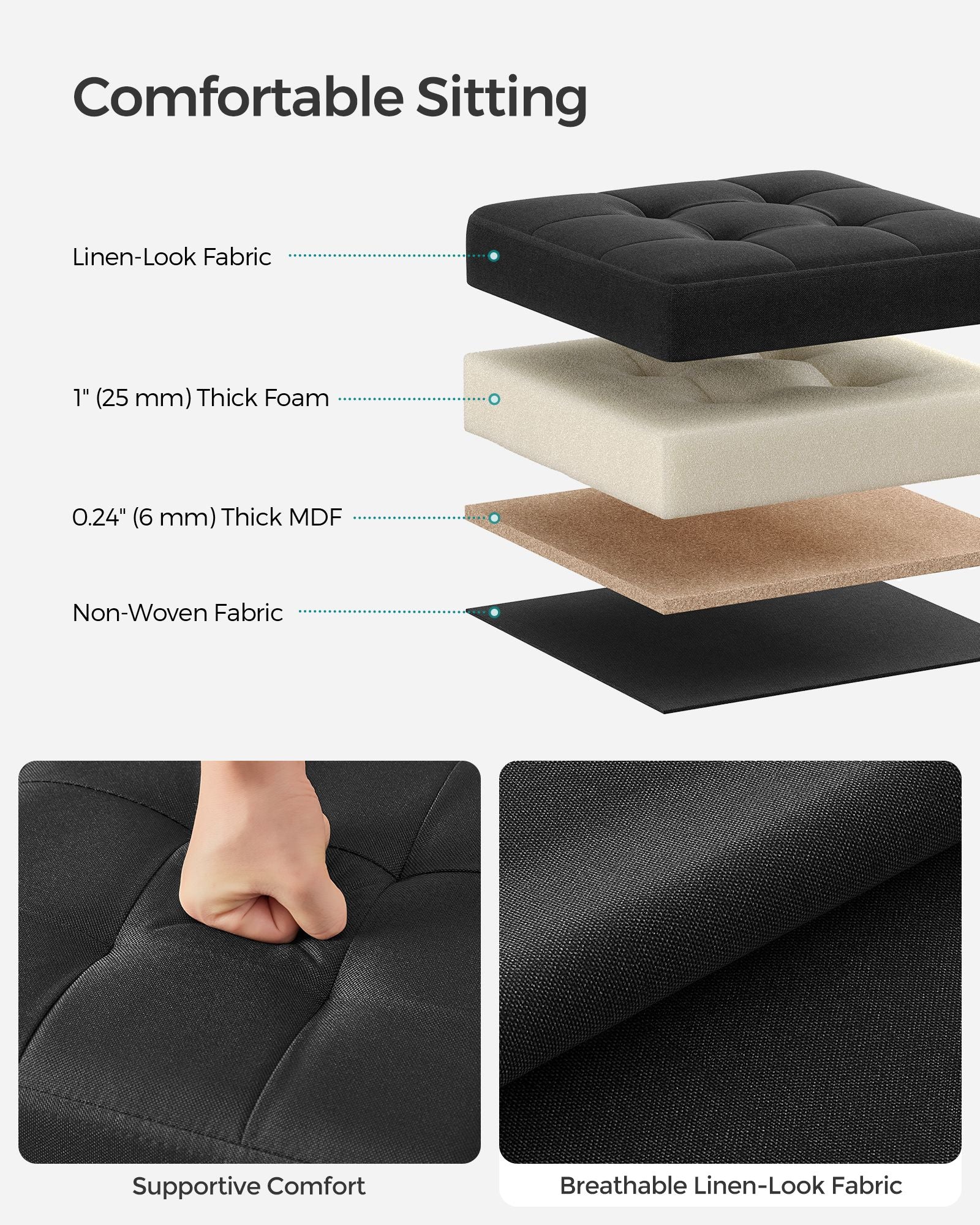 Foldable Storage Ottoman – Fabric – Ink Black – Versatile Use as Bench, Footrest or Bed End Stool