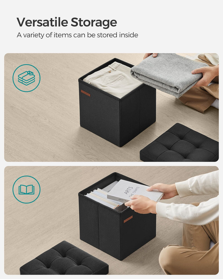 Foldable Storage Ottoman – Fabric – Ink Black – Versatile Use as Bench, Footrest or Bed End Stool