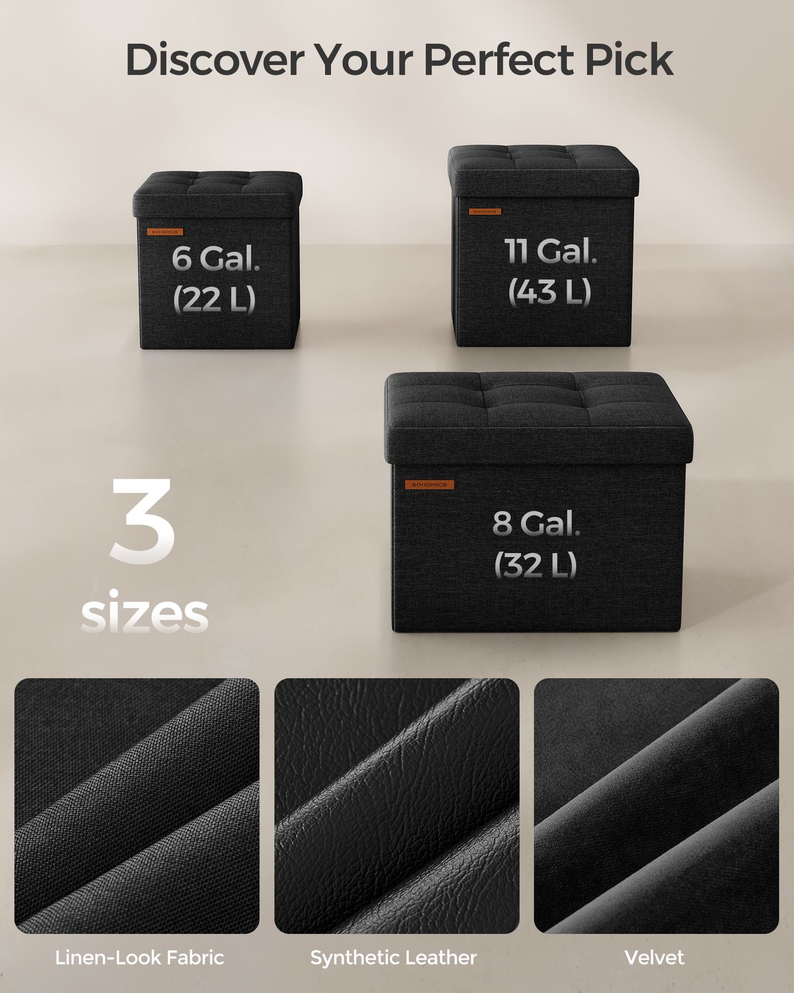Foldable Storage Ottoman – Fabric – Ink Black – Versatile Use as Bench, Footrest or Bed End Stool