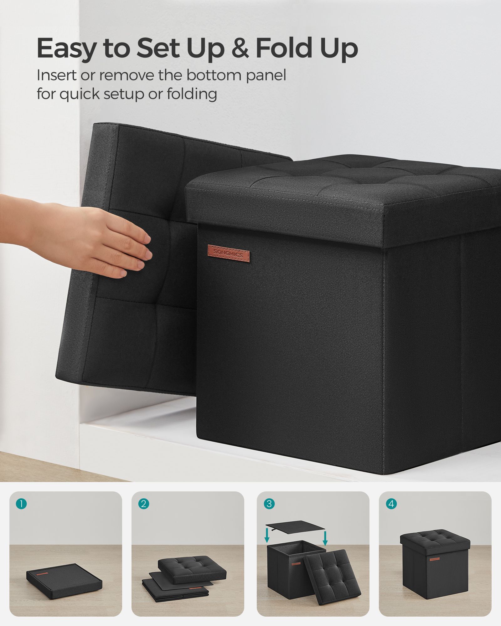 Foldable Storage Ottoman – Fabric – Ink Black – Versatile Use as Bench, Footrest or Bed End Stool