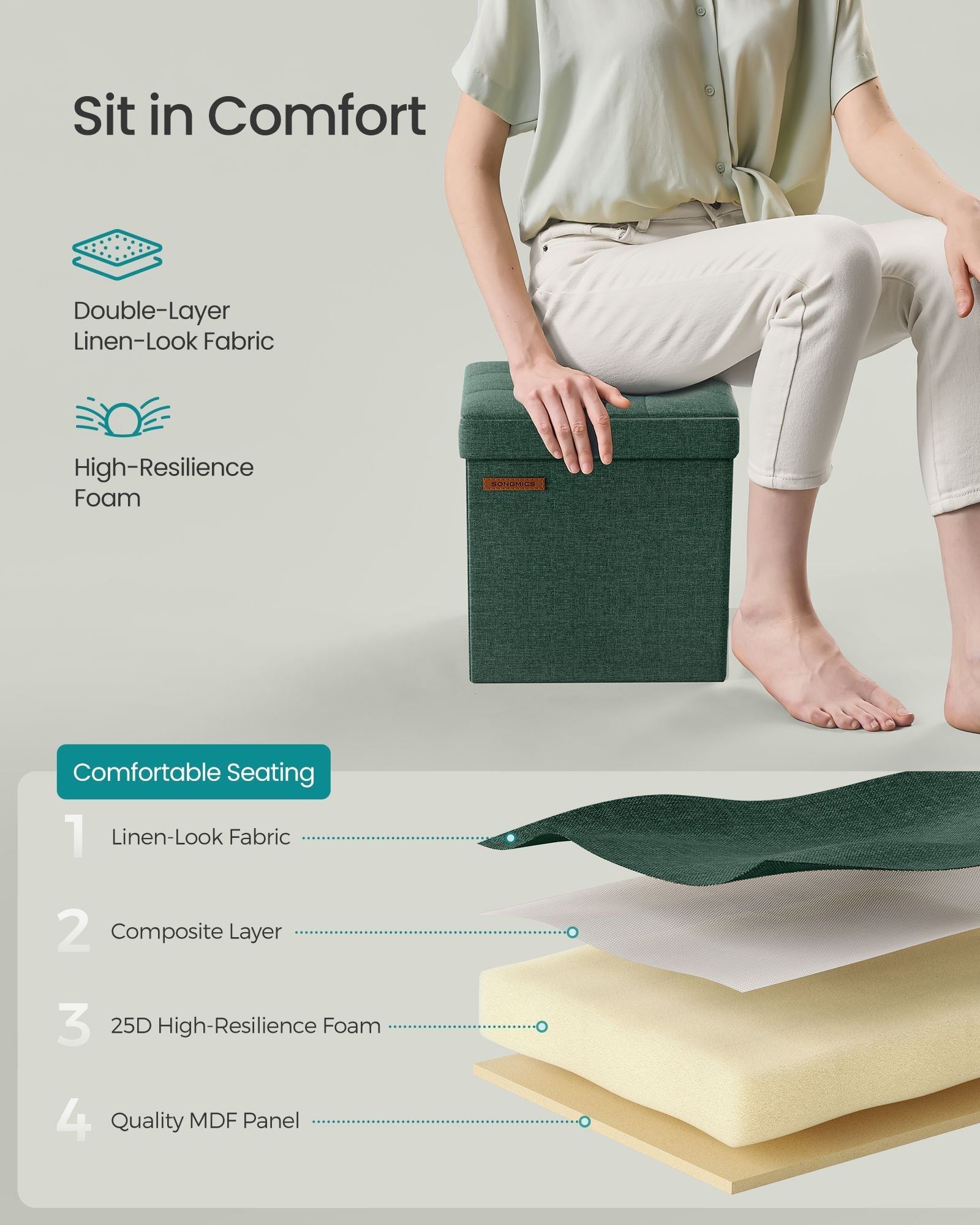 Storage Ottoman – Fabric – Retro Green – Foldable Design