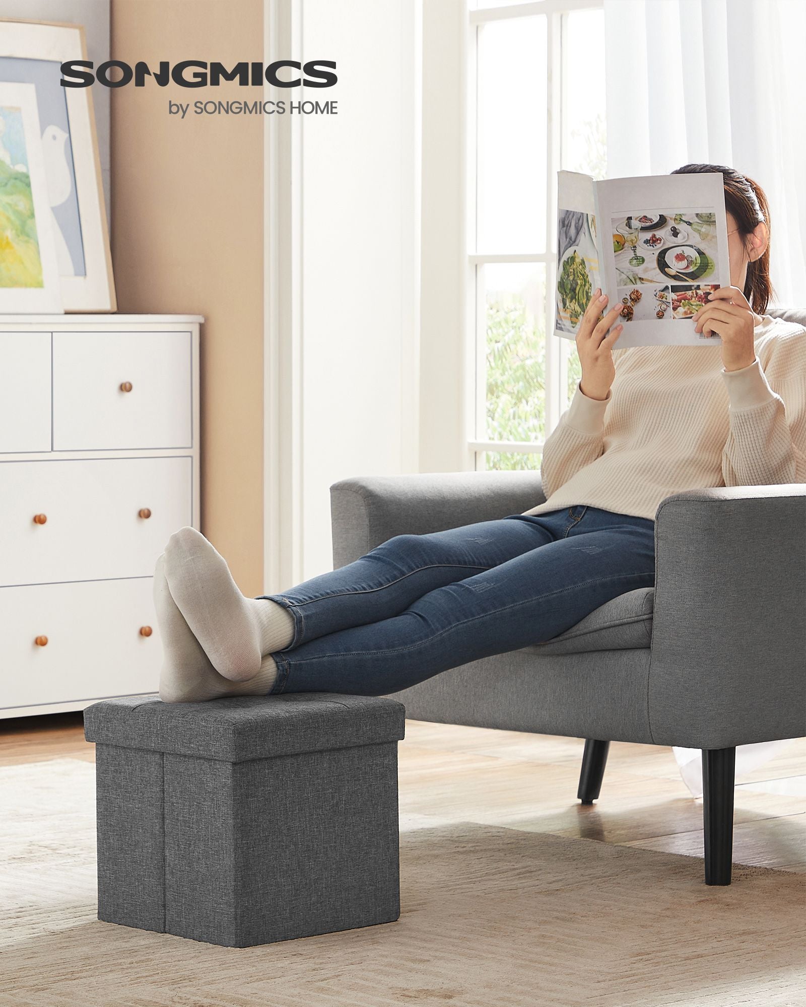Storage Ottoman – Fabric – Dark Grey – Versatile Footrest and Storage Solution