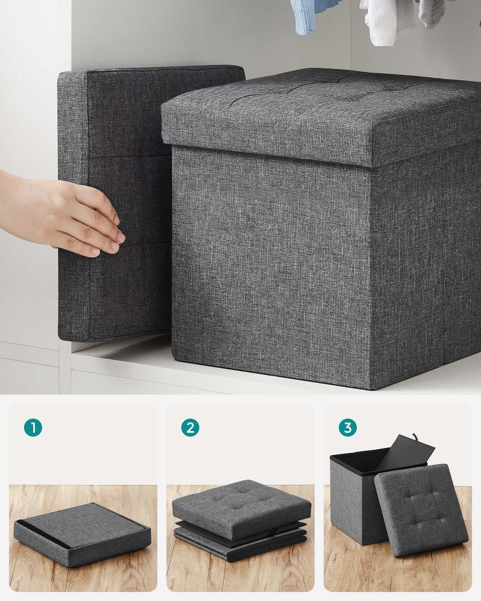 Storage Ottoman – Fabric – Dark Grey – Versatile Footrest and Storage Solution