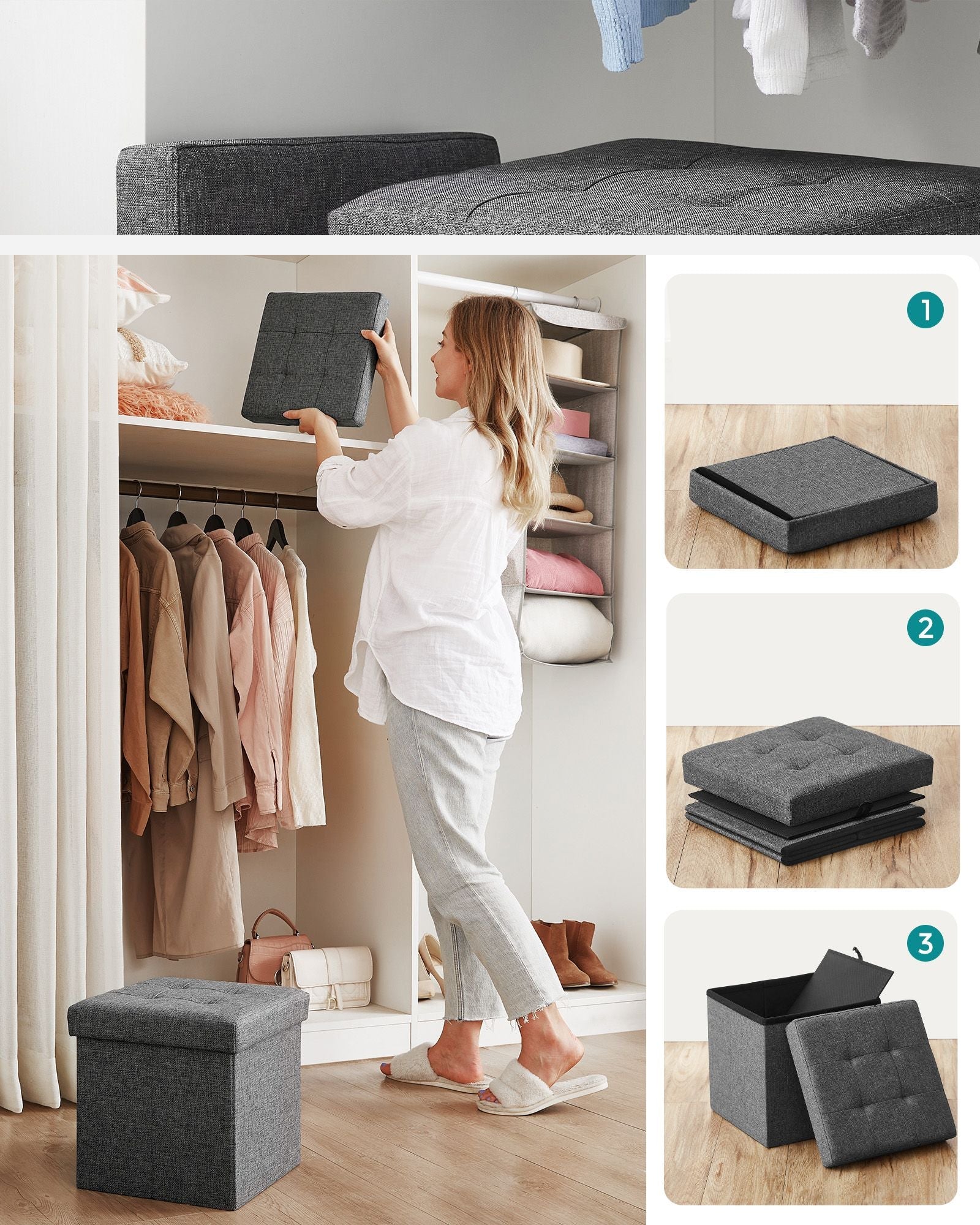 Storage Ottoman – Fabric – Dark Grey – Versatile Footrest and Storage Solution
