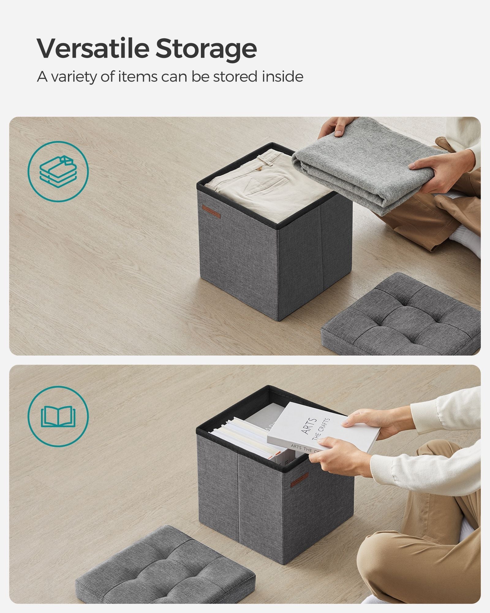 Set of 2 Foldable Storage Ottomans – Fabric – Dark Grey – Multi-Functional Footrest and Storage Solution 30 x 30 x 30 cm