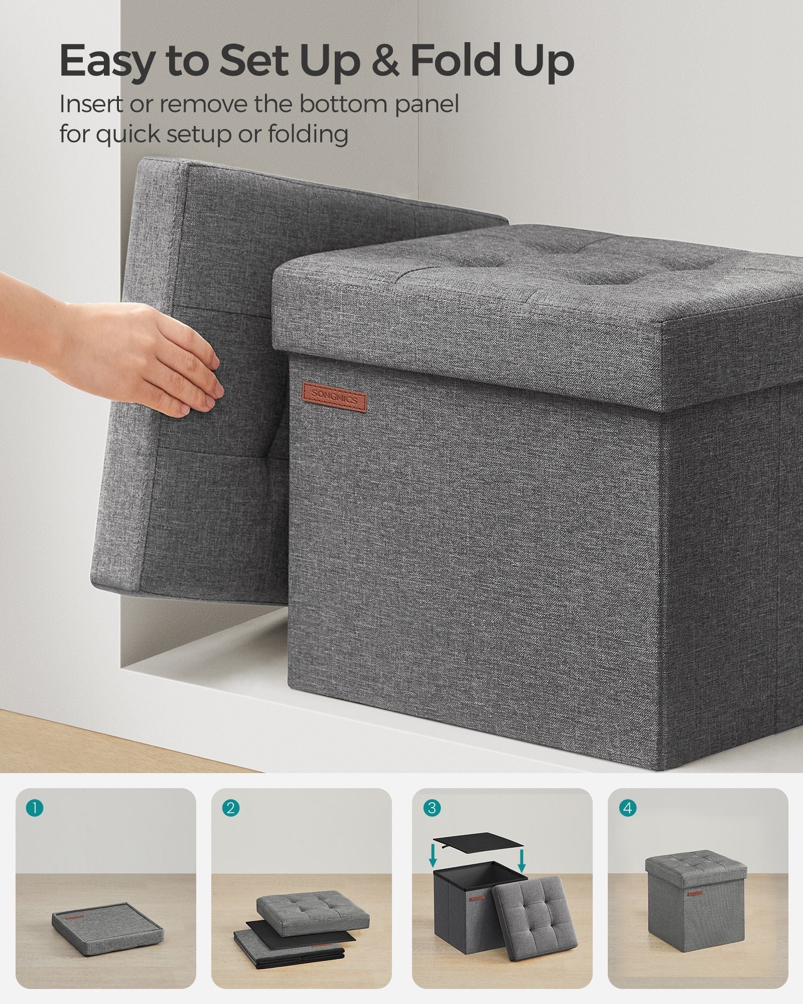 Set of 2 Foldable Storage Ottomans – Fabric – Dark Grey – Multi-Functional Footrest and Storage Solution 30 x 30 x 30 cm