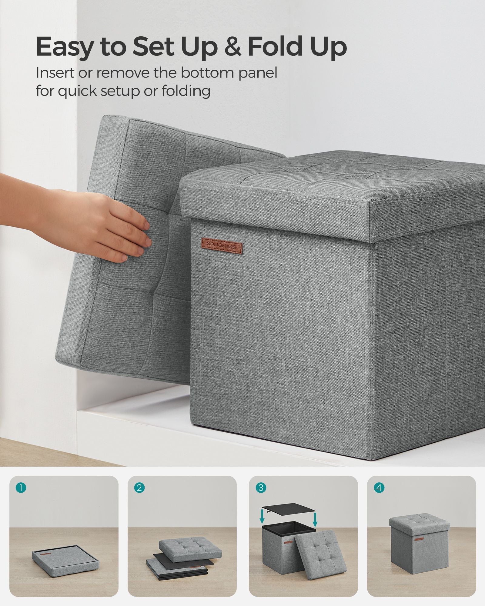 Set of 2 Foldable Storage Ottomans – Fabric – Light Grey – Multi-Functional Design