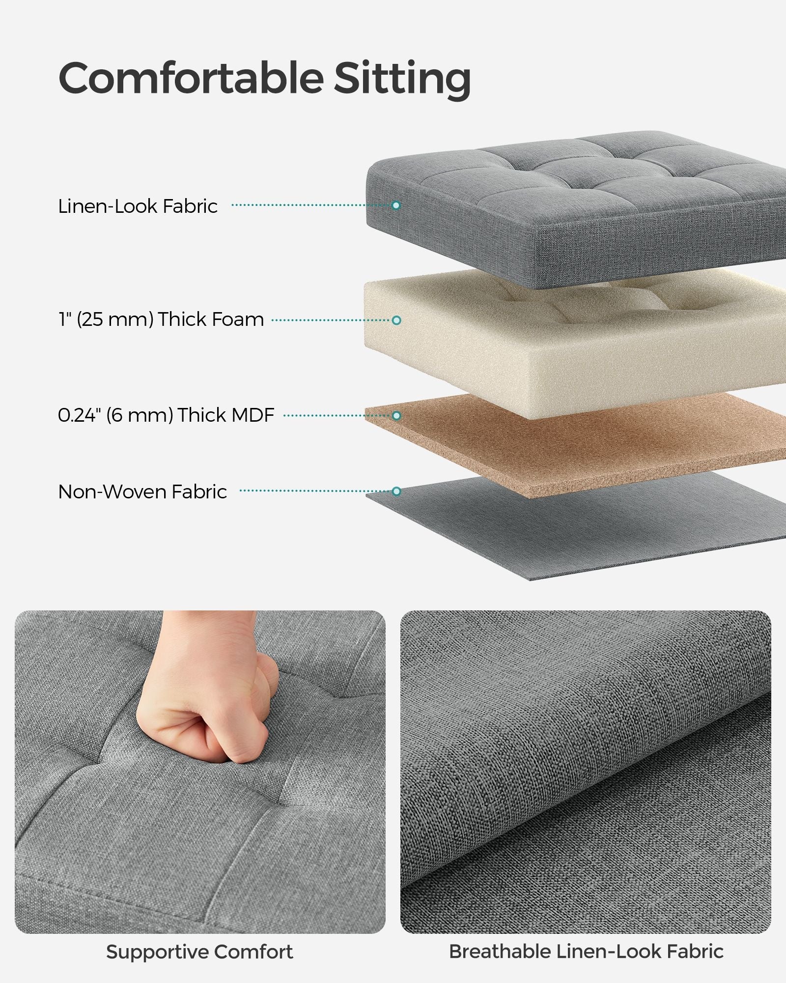 Foldable Storage Ottoman – Fabric – Light Grey – Multifunctional Design for Living Room and Bedroom