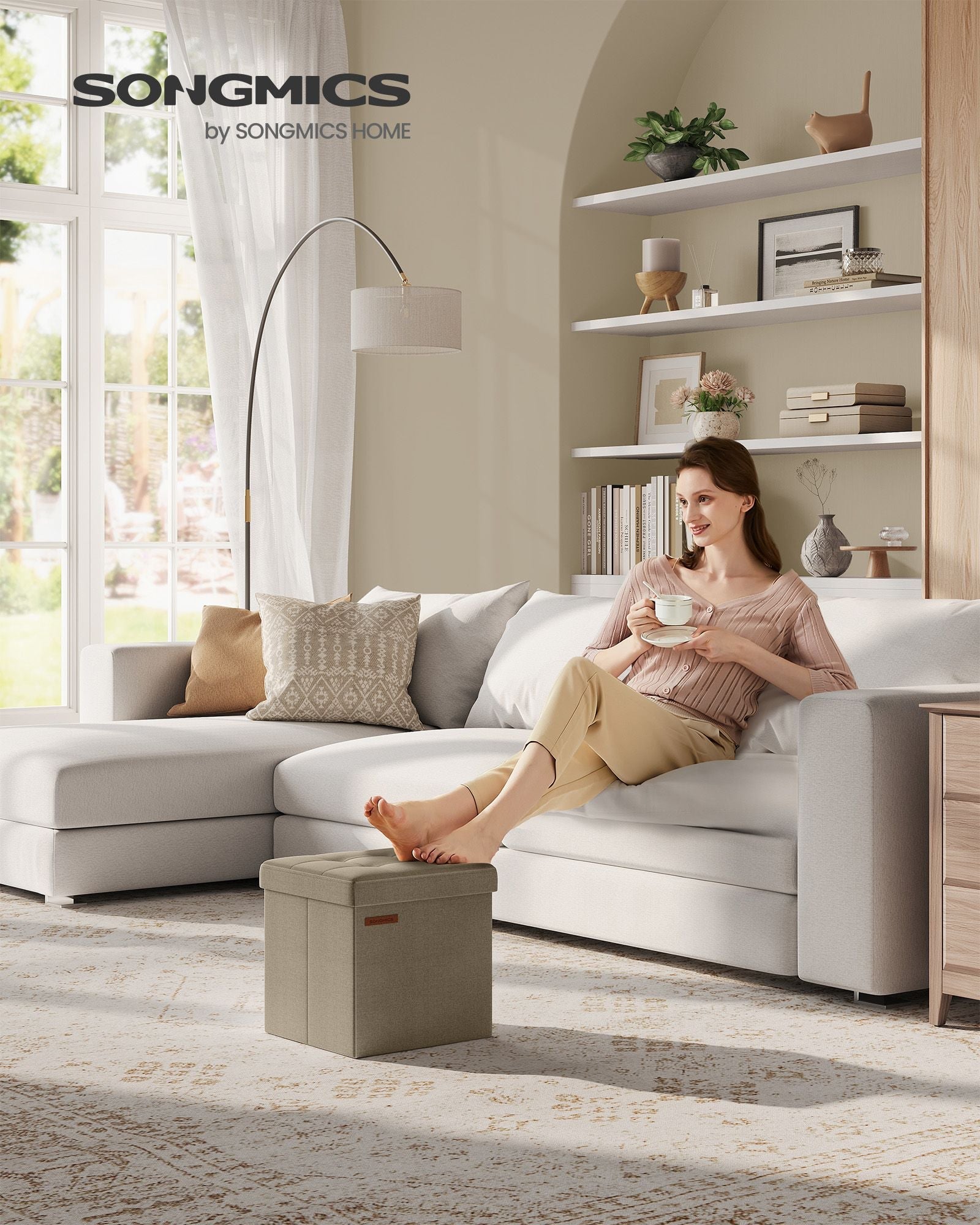 Foldable Storage Ottoman – Fabric – Camel Brown – Multi-functional Bench and Footrest