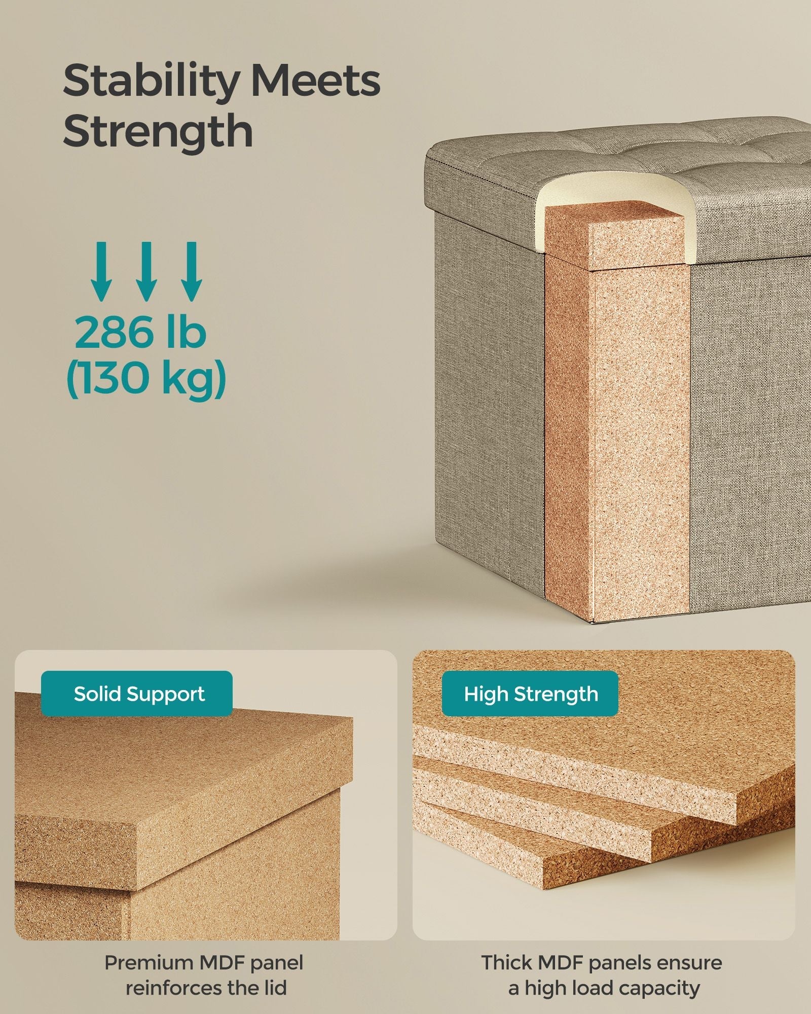 Foldable Storage Ottoman – Fabric – Camel Brown – Multi-functional Bench and Footrest