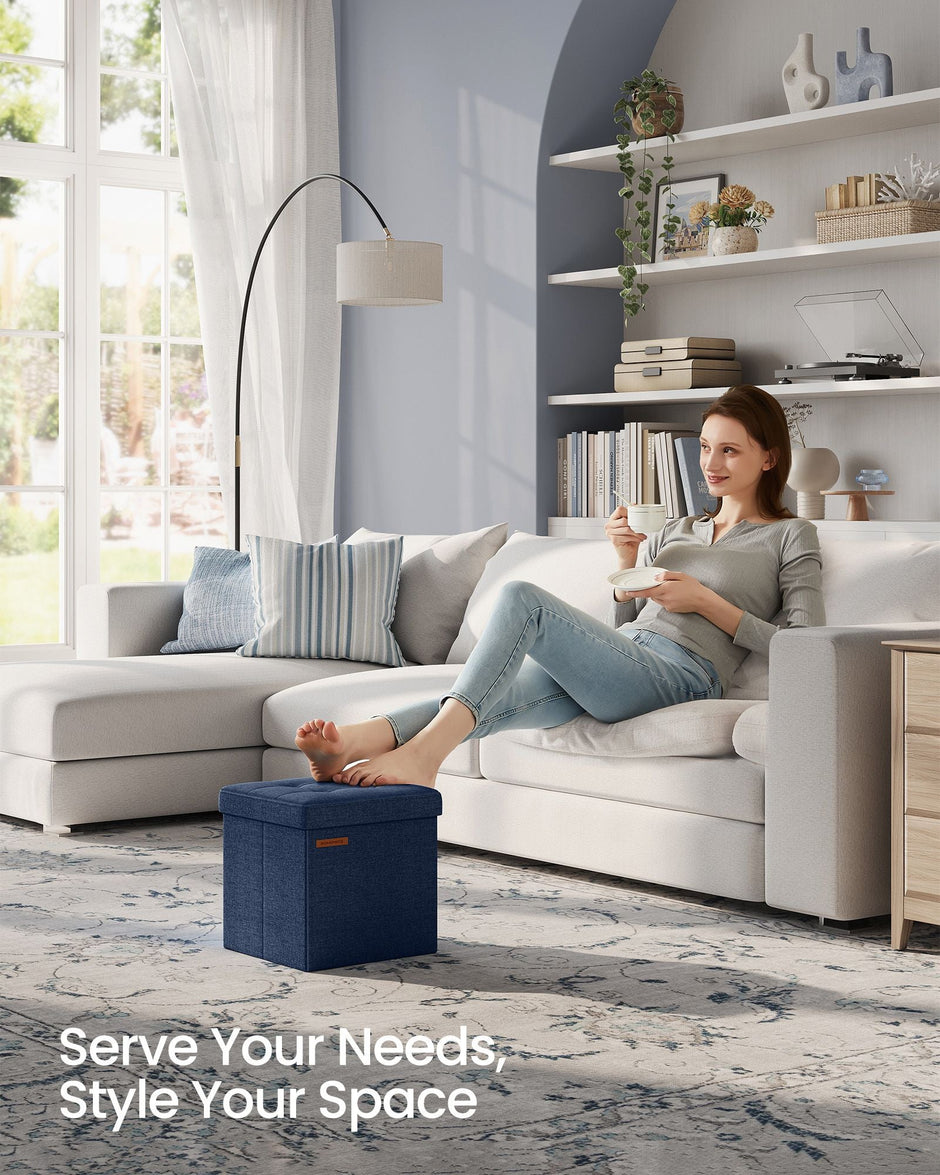 Foldable Storage Ottoman – Fabric – Midnight Blue – Multipurpose Footrest and Storage Solution