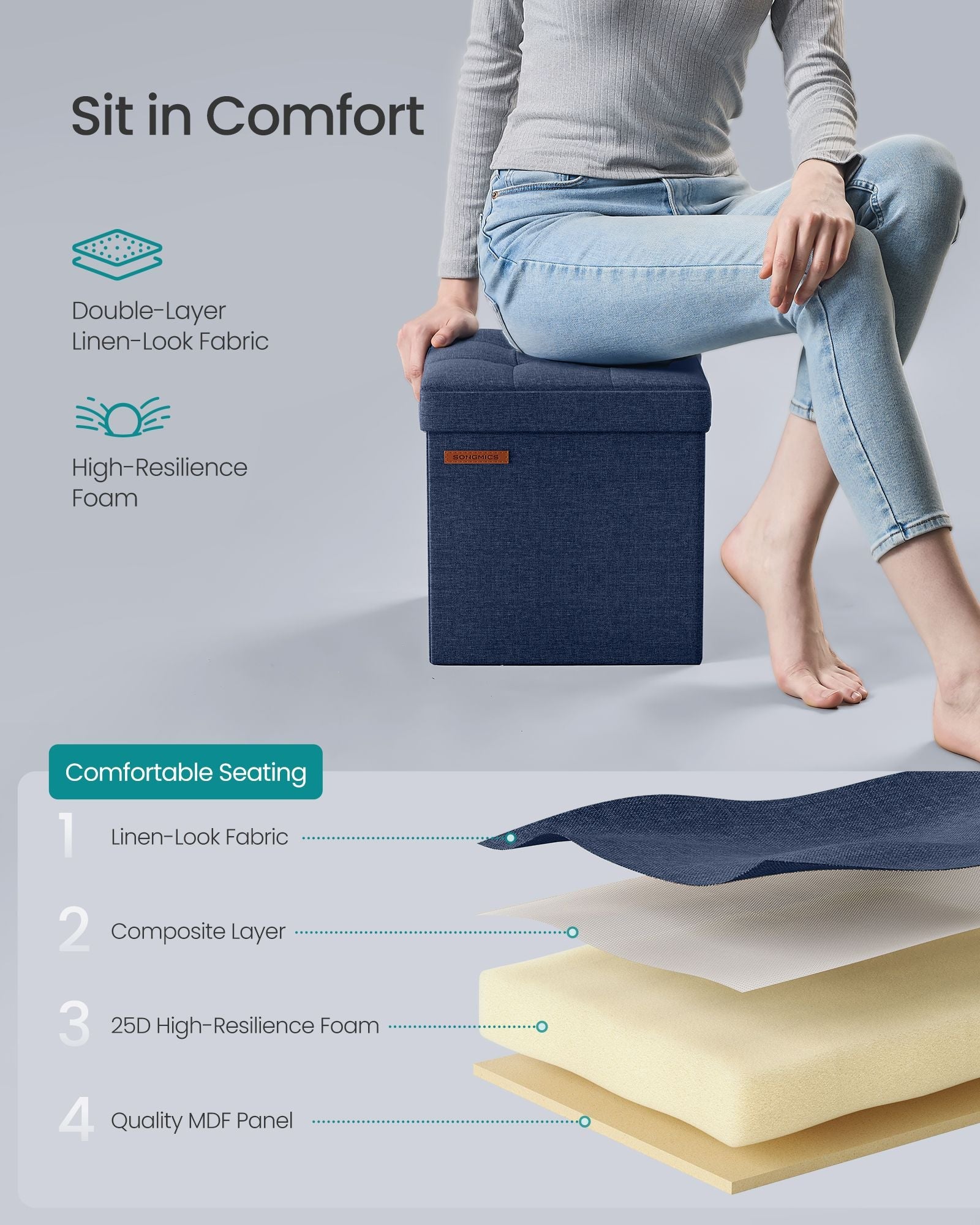 Foldable Storage Ottoman – Fabric – Midnight Blue – Multipurpose Footrest and Storage Solution