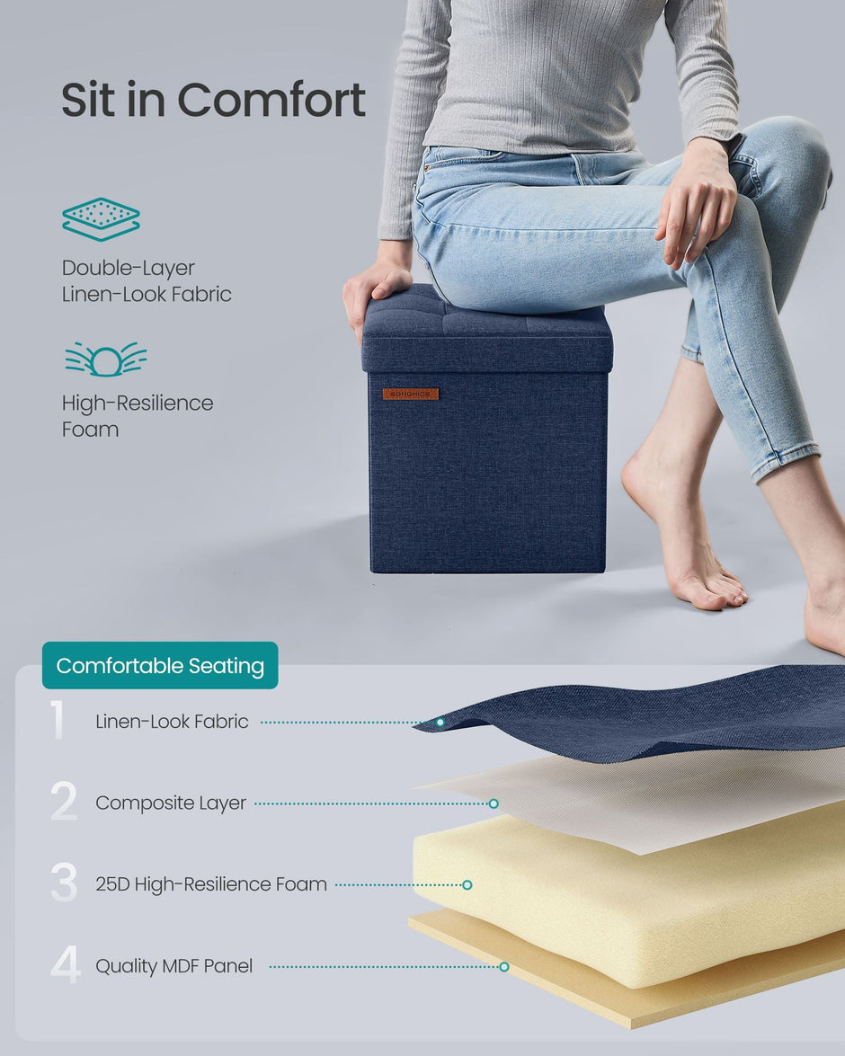 Foldable Storage Ottoman – Fabric – Midnight Blue – Multipurpose Footrest and Storage Solution