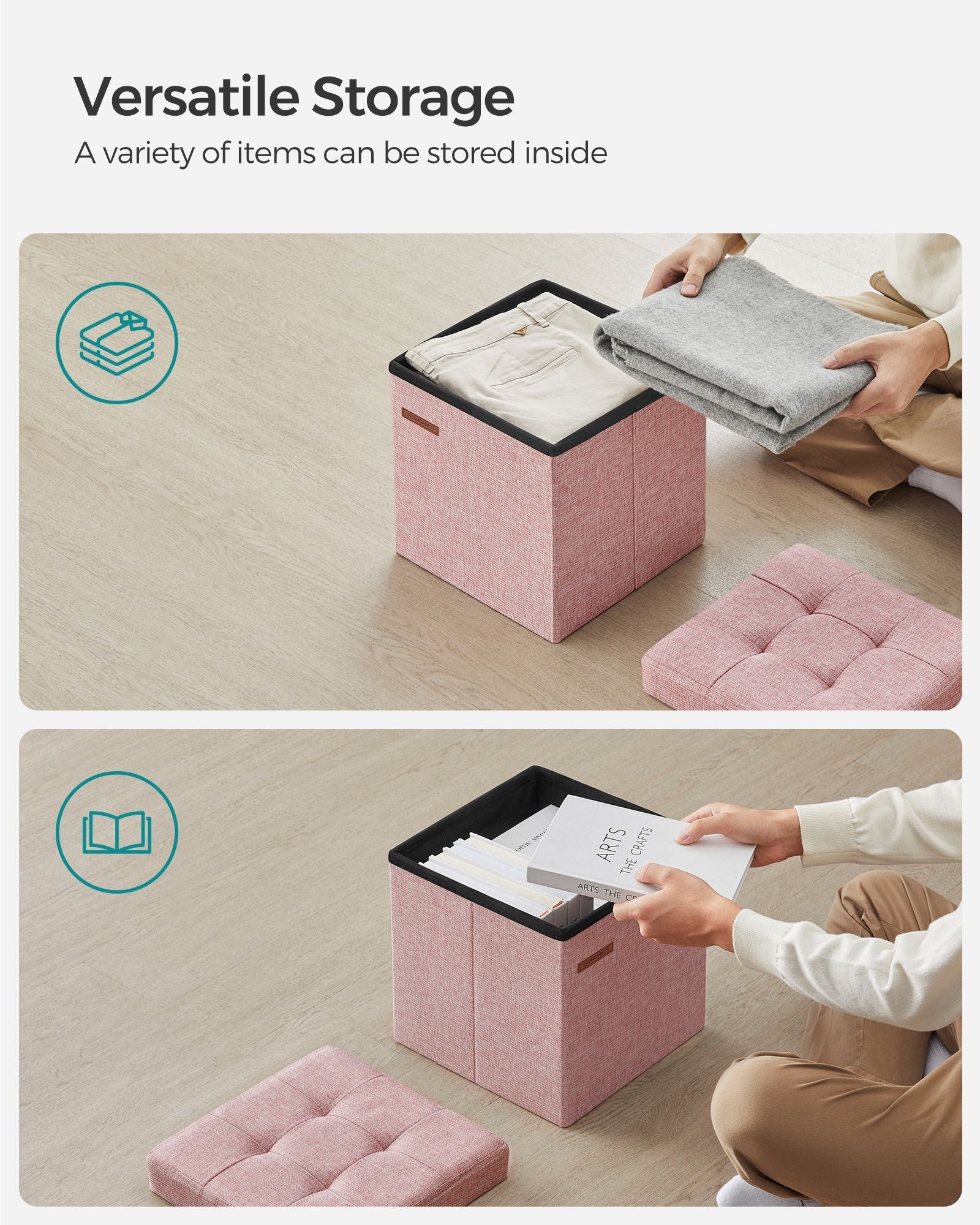 Foldable Storage Ottoman – Fabric – Jelly Pink – Versatile Footrest and Storage Solution