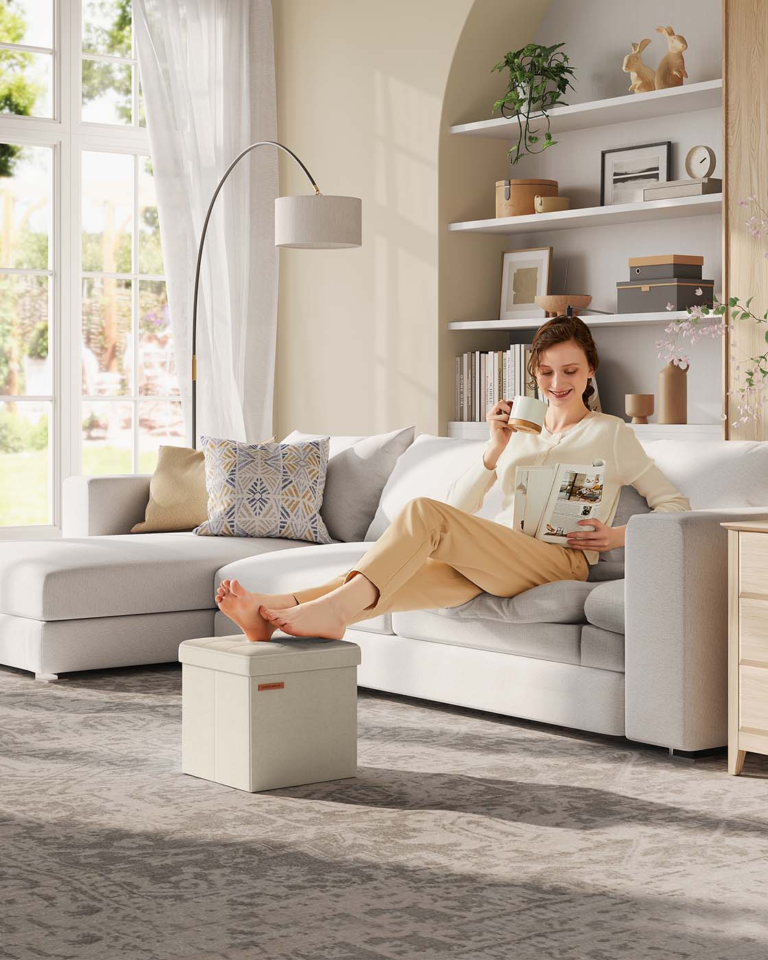 Foldable Storage Ottoman – Fabric – Cream White – Versatile for Living Room and Bedroom