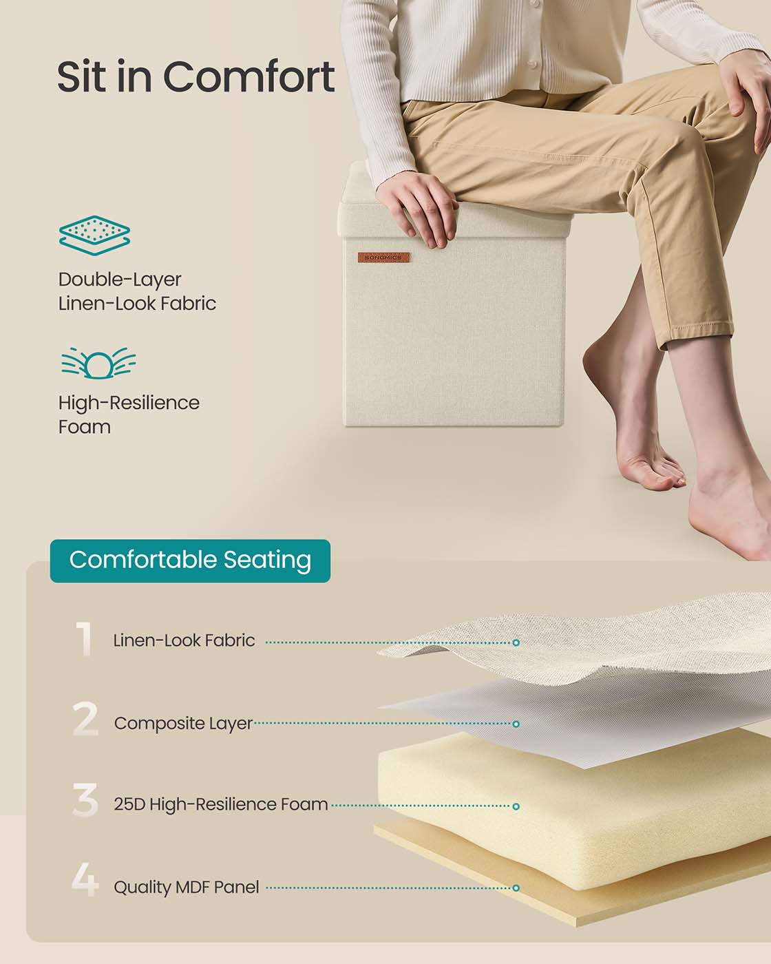 Foldable Storage Ottoman – Fabric – Cream White – Versatile for Living Room and Bedroom