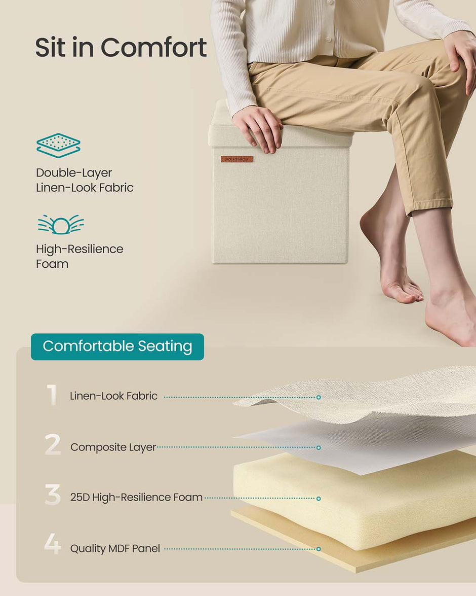 Foldable Storage Ottoman – Fabric – Cream White – Versatile for Living Room and Bedroom