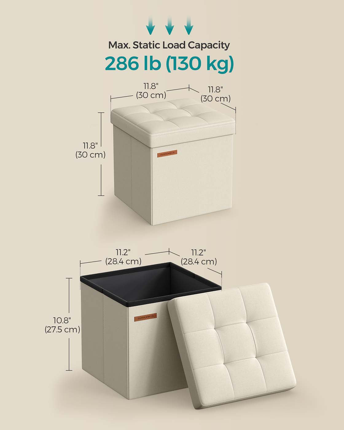 Foldable Storage Ottoman – Fabric – Cream White – Versatile for Living Room and Bedroom