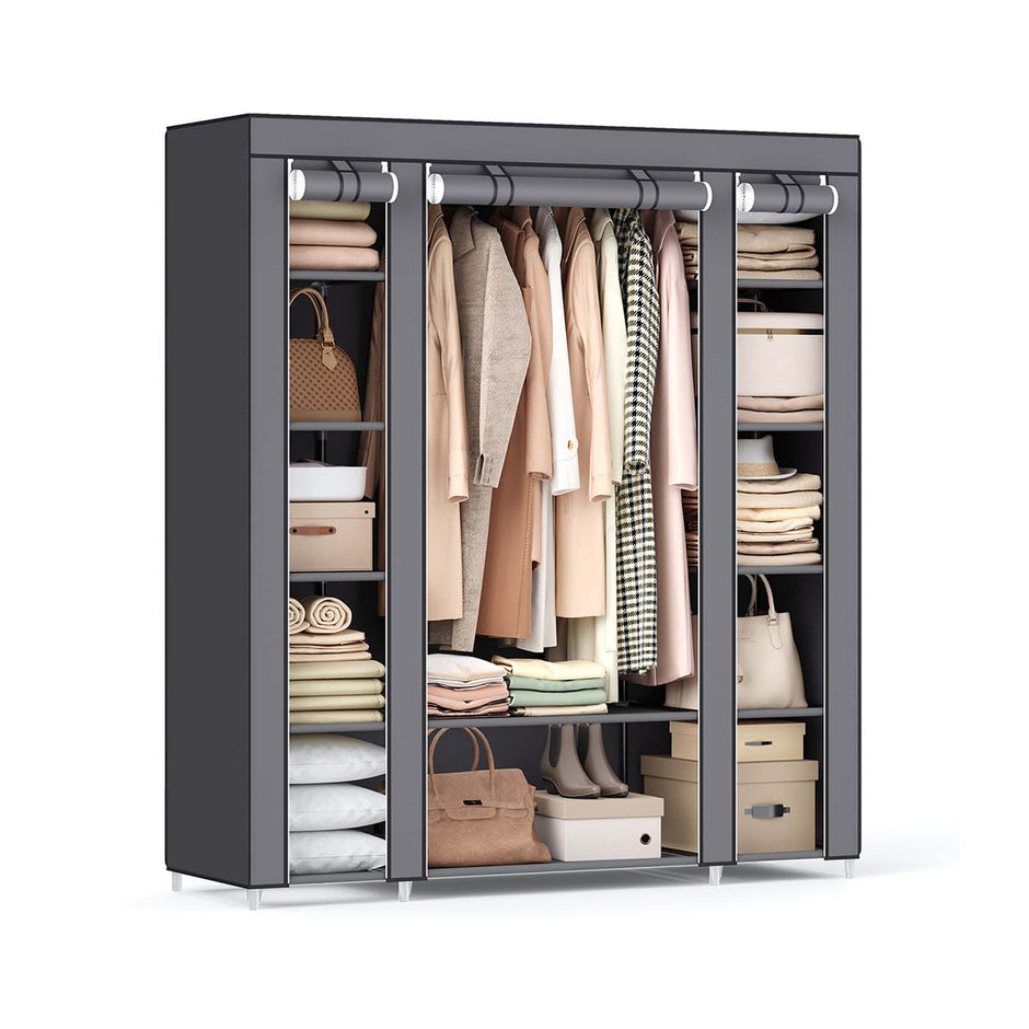 Canvas Wardrobe – Fabric – Black – 12 Shelves and Hanging Rail