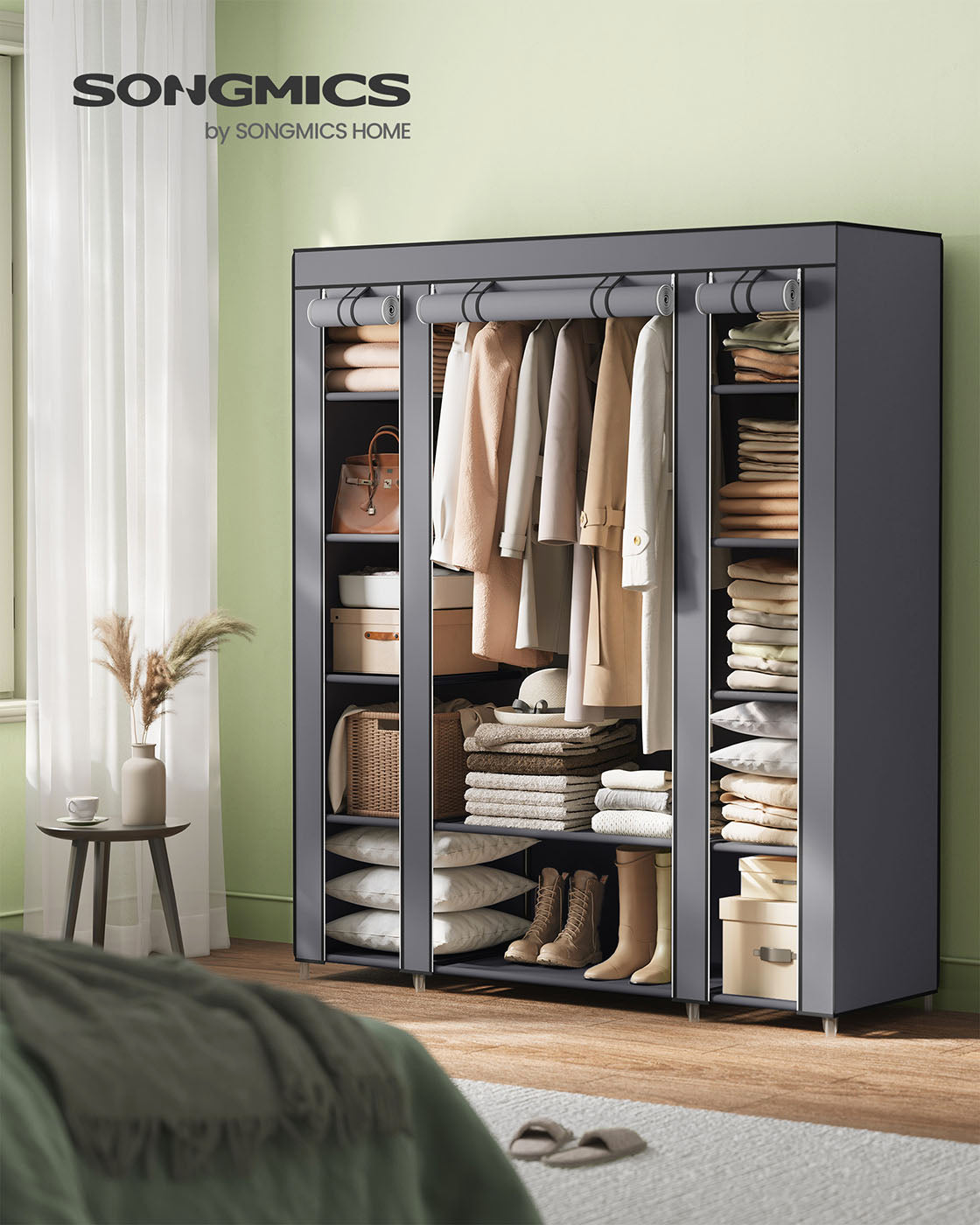 Canvas Wardrobe – Fabric – Black – 12 Shelves and Hanging Rail
