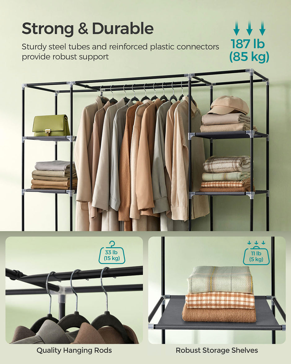 Canvas Wardrobe – Fabric – Black – 12 Shelves and Hanging Rail