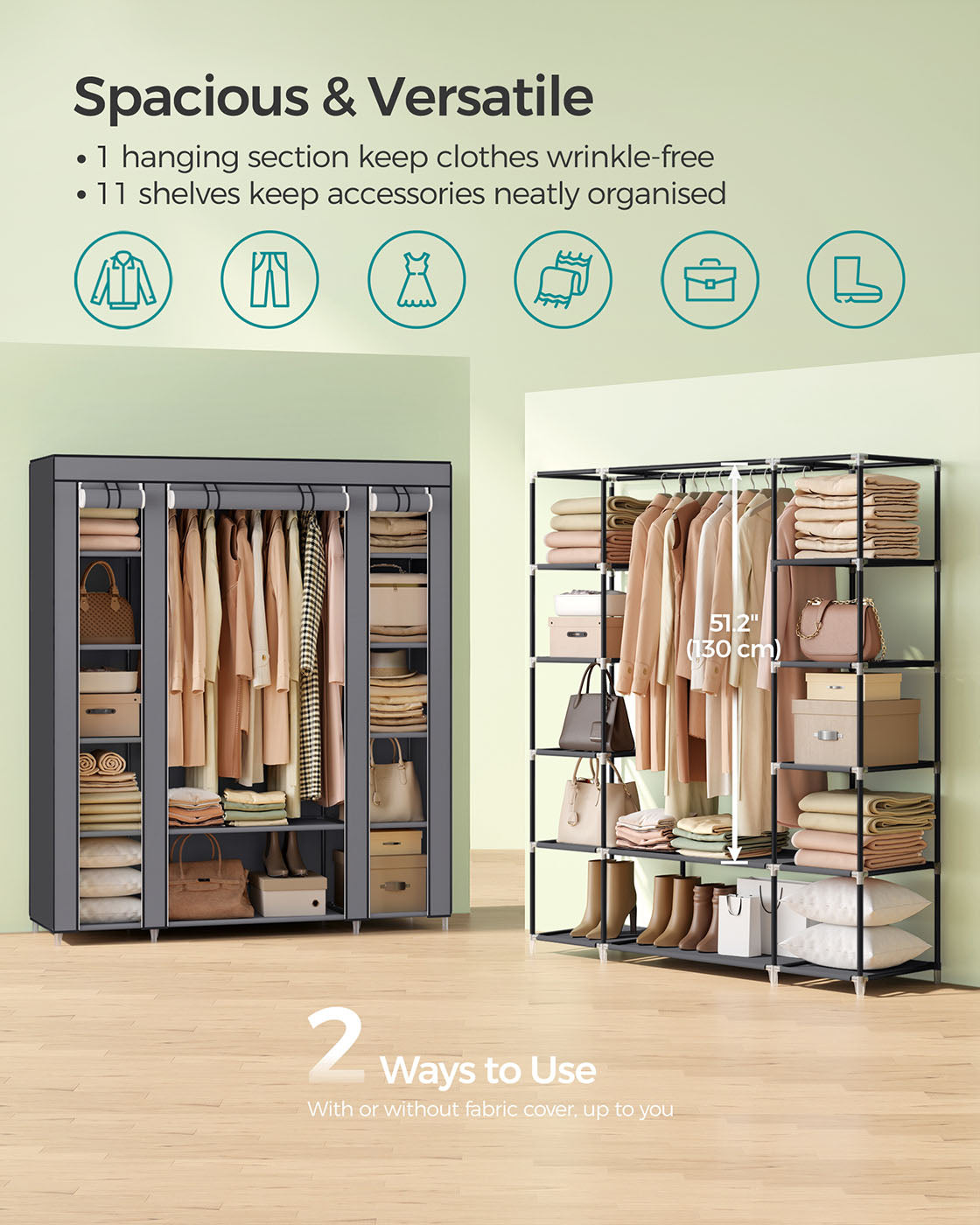 Canvas Wardrobe – Fabric – Black – 12 Shelves and Hanging Rail
