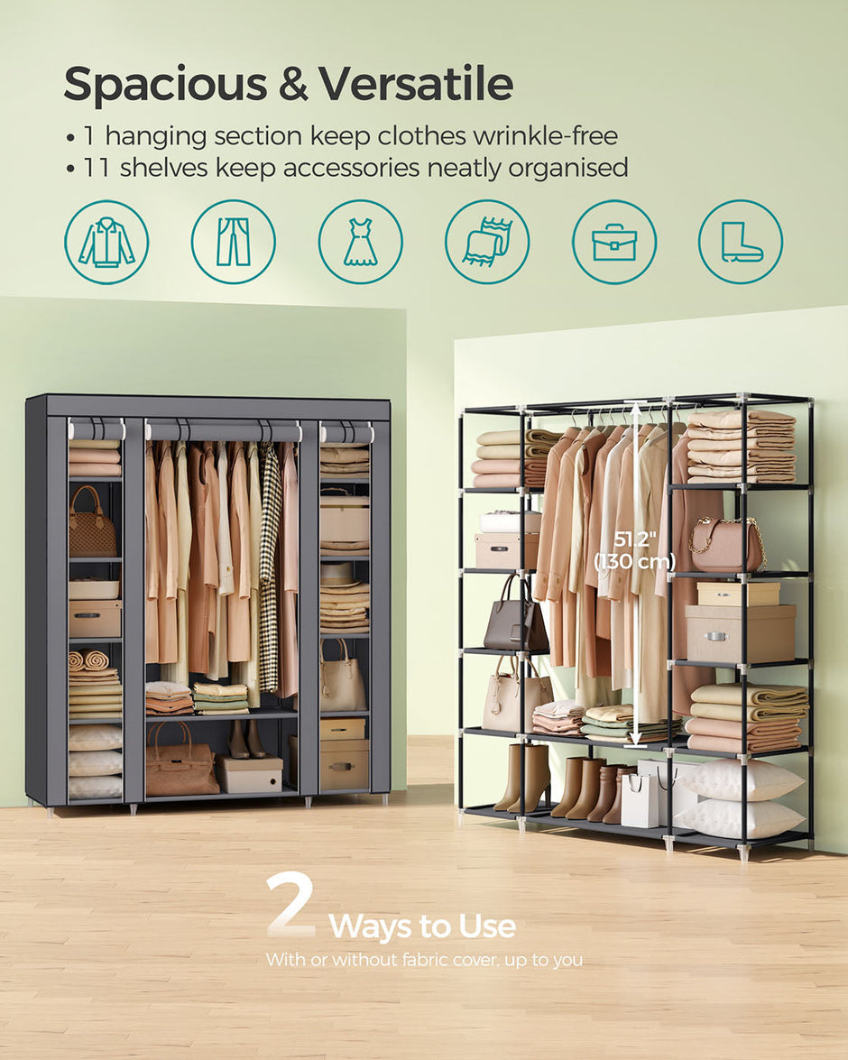 Canvas Wardrobe – Fabric – Black – 12 Shelves and Hanging Rail