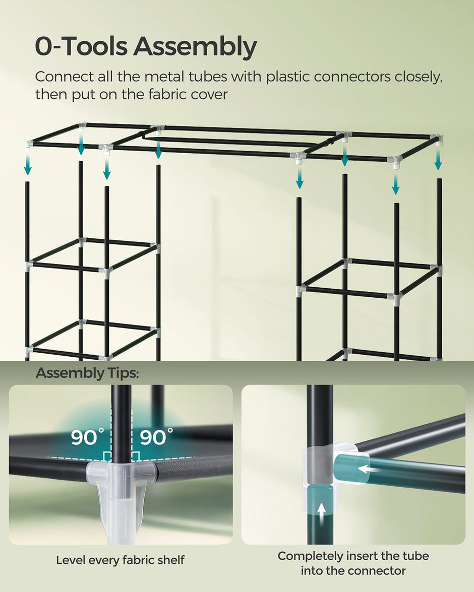 Canvas Wardrobe – Fabric – Black – 12 Shelves and Hanging Rail