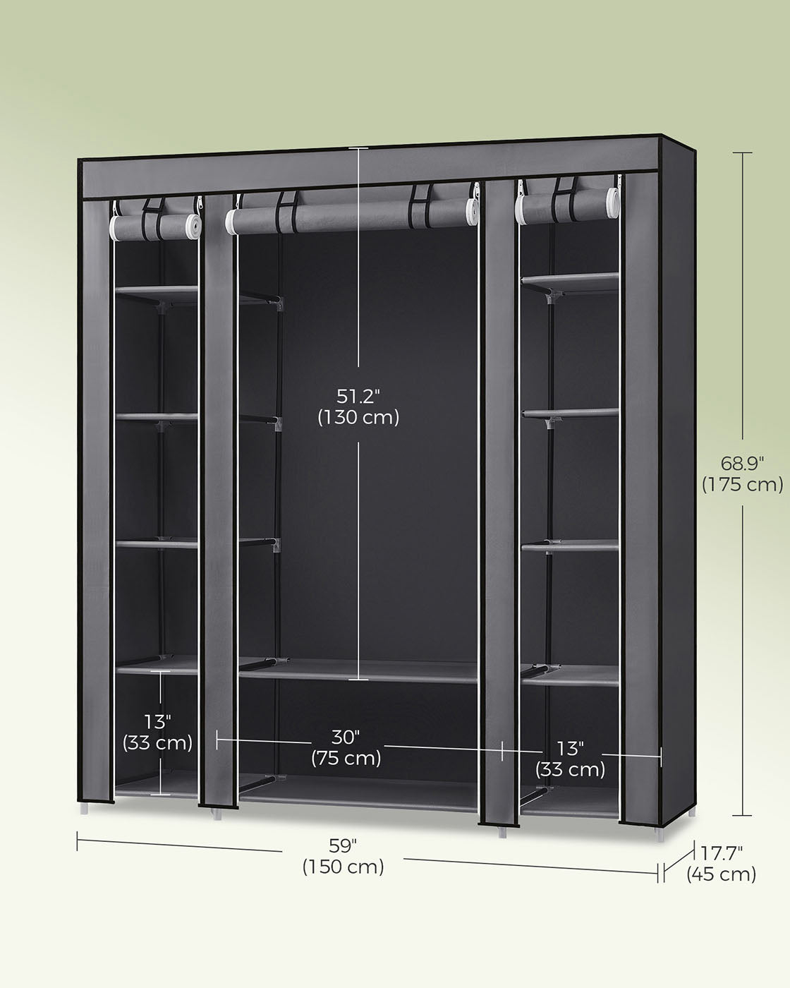 Canvas Wardrobe – Fabric – Black – 12 Shelves and Hanging Rail