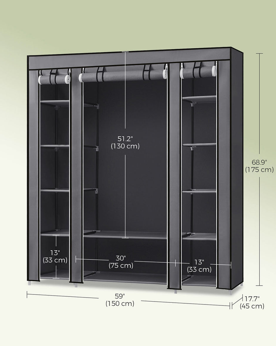 Canvas Wardrobe – Fabric – Black – 12 Shelves and Hanging Rail
