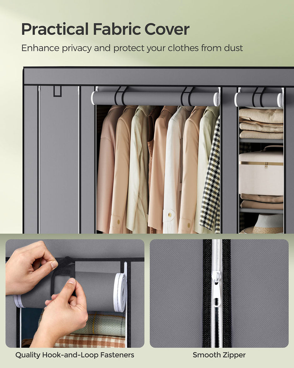 Canvas Wardrobe – Fabric – Black – 12 Shelves and Hanging Rail
