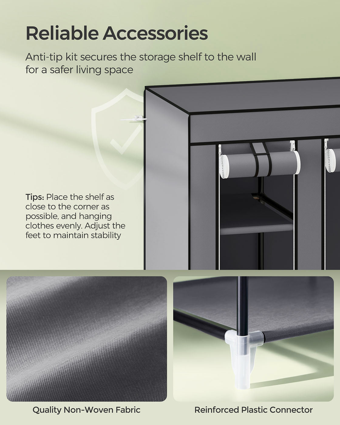 Canvas Wardrobe – Fabric – Black – 12 Shelves and Hanging Rail