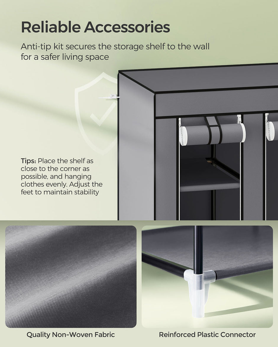 Canvas Wardrobe – Fabric – Black – 12 Shelves and Hanging Rail