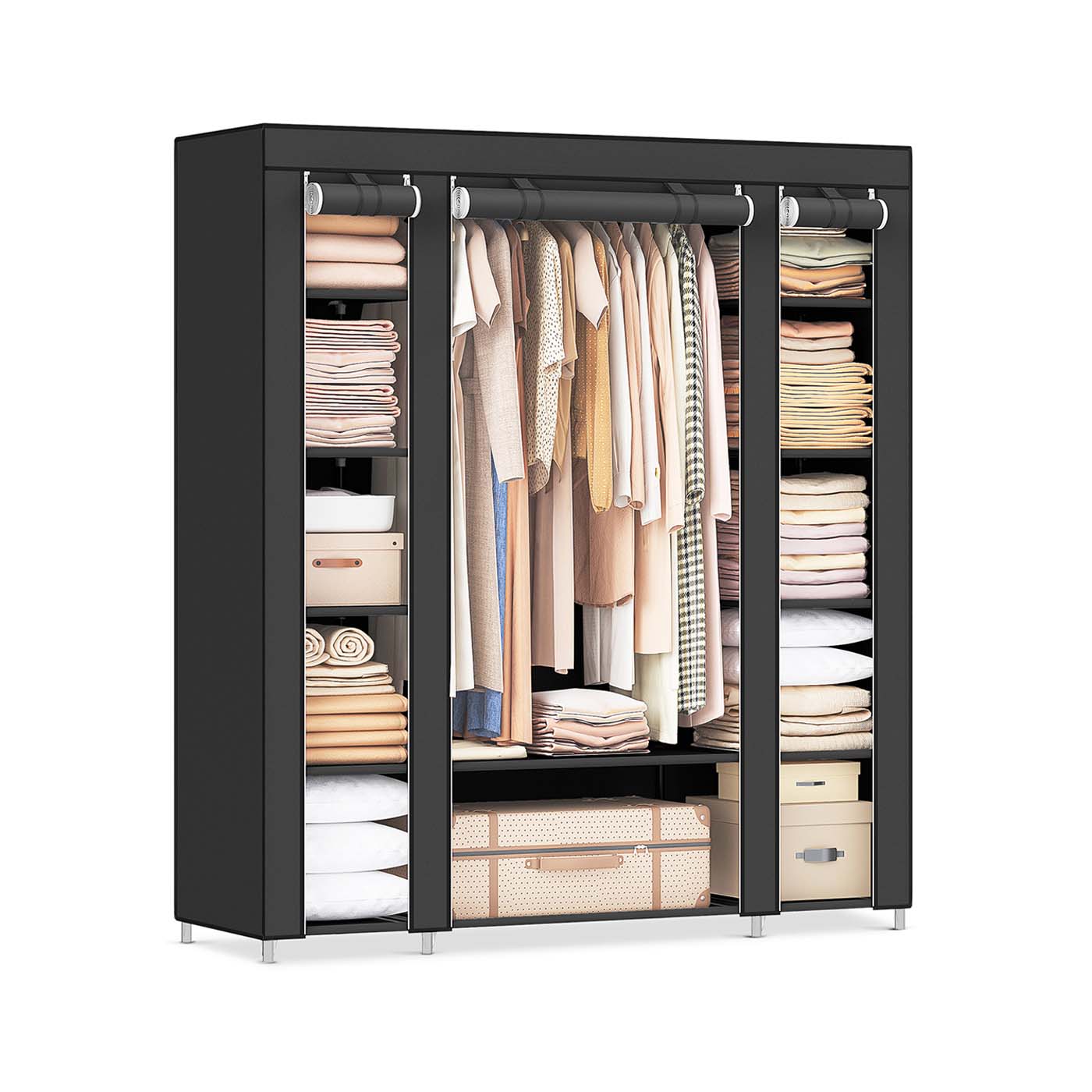 Canvas Wardrobe – Fabric – Black – 12 Shelves with Clothes Hanging Rail