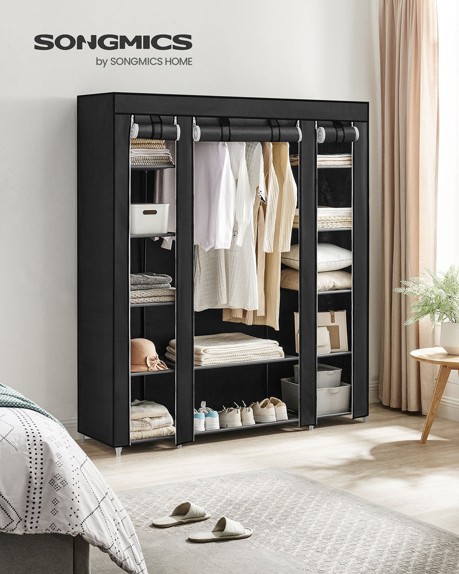 Canvas Wardrobe – Fabric – Black – 12 Shelves with Clothes Hanging Rail