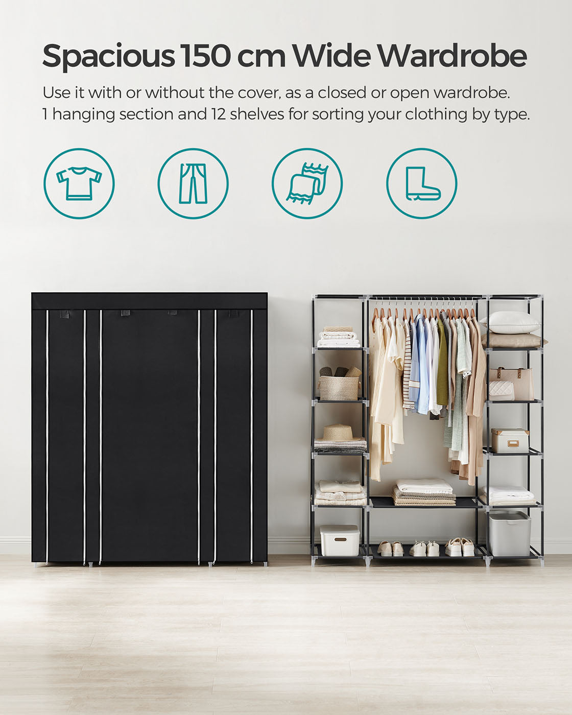 Canvas Wardrobe – Fabric – Black – 12 Shelves with Clothes Hanging Rail