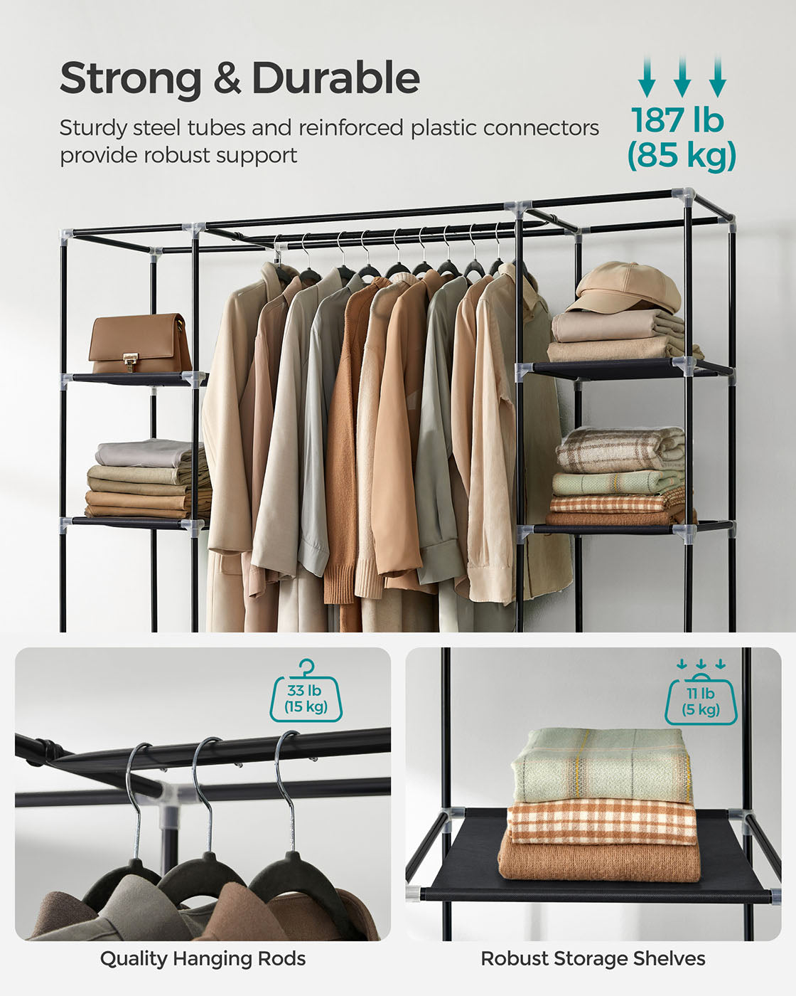 Canvas Wardrobe – Fabric – Black – 12 Shelves with Clothes Hanging Rail