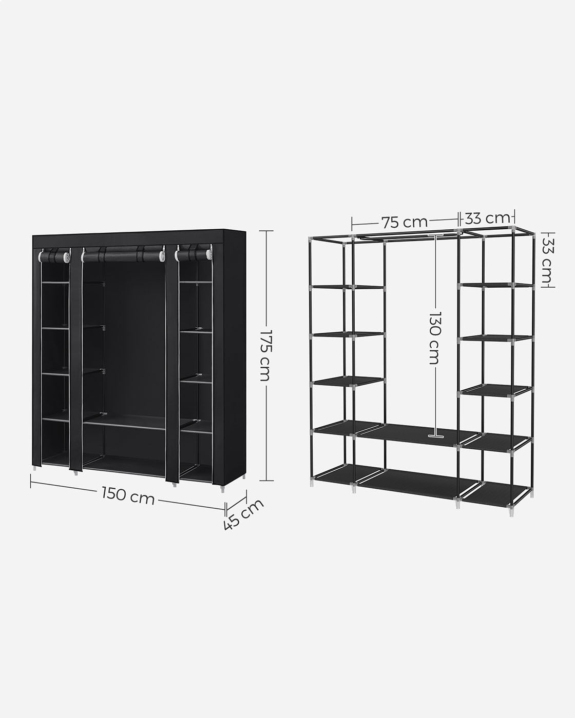 Canvas Wardrobe – Fabric – Black – 12 Shelves with Clothes Hanging Rail