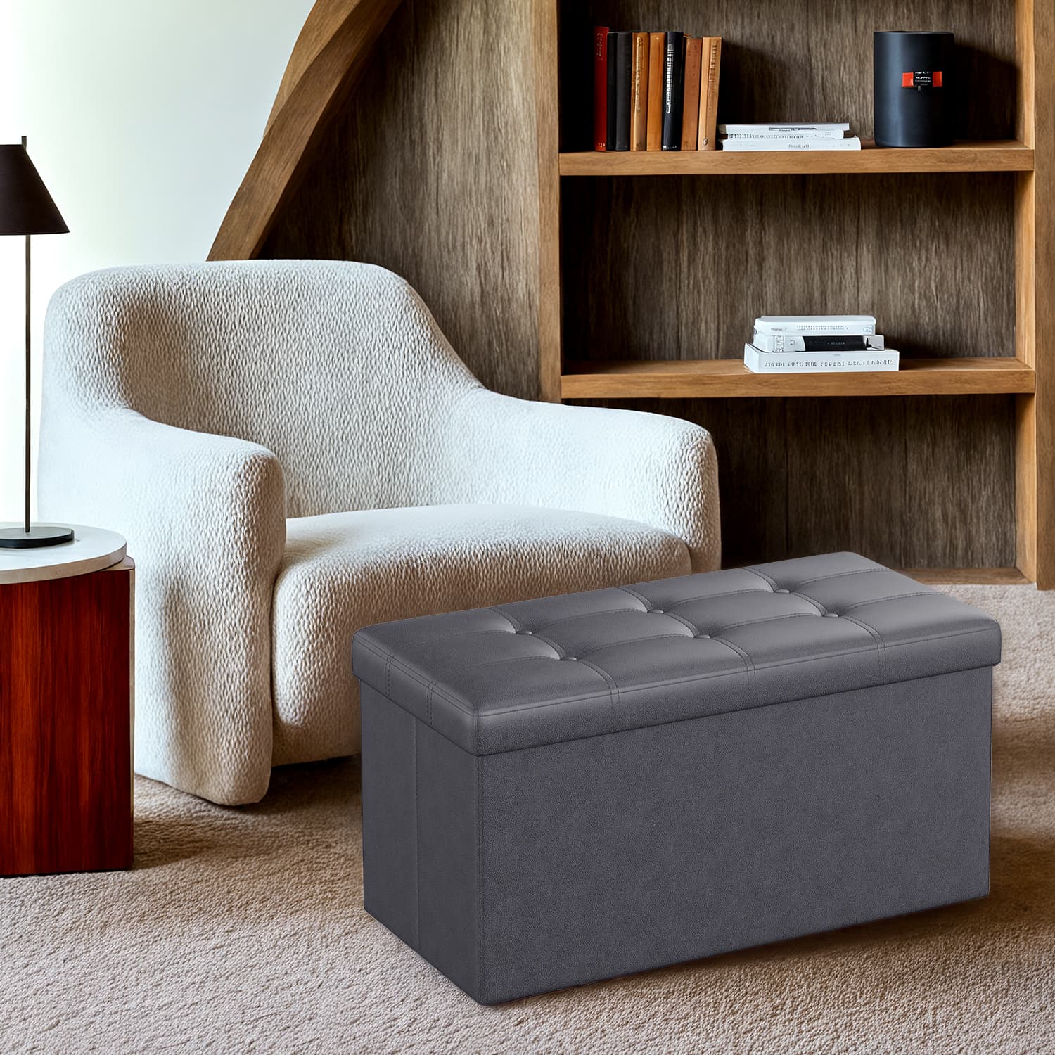 Storage Ottoman Bench – Fabric – Ink Black – Foldable with Storage