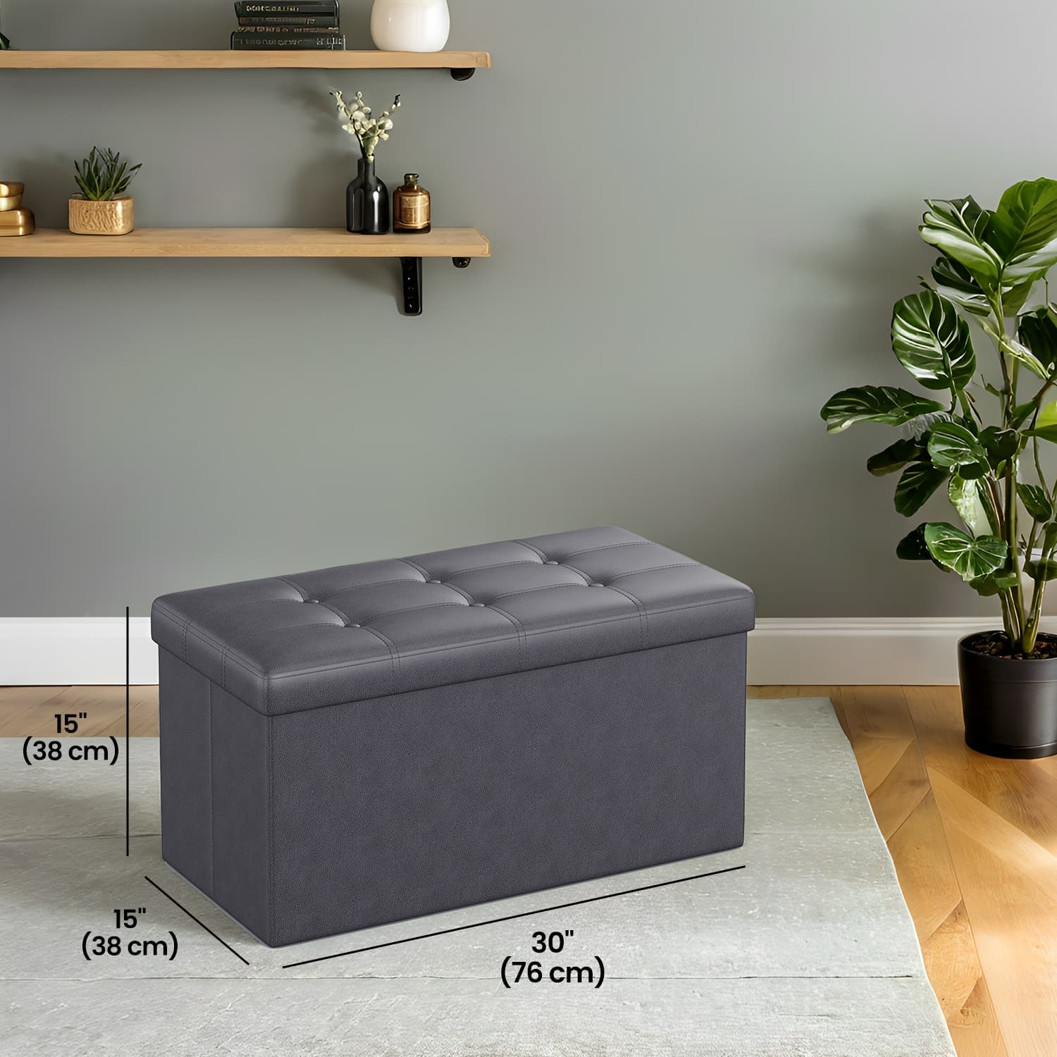 Storage Ottoman Bench – Fabric – Ink Black – Foldable with Storage