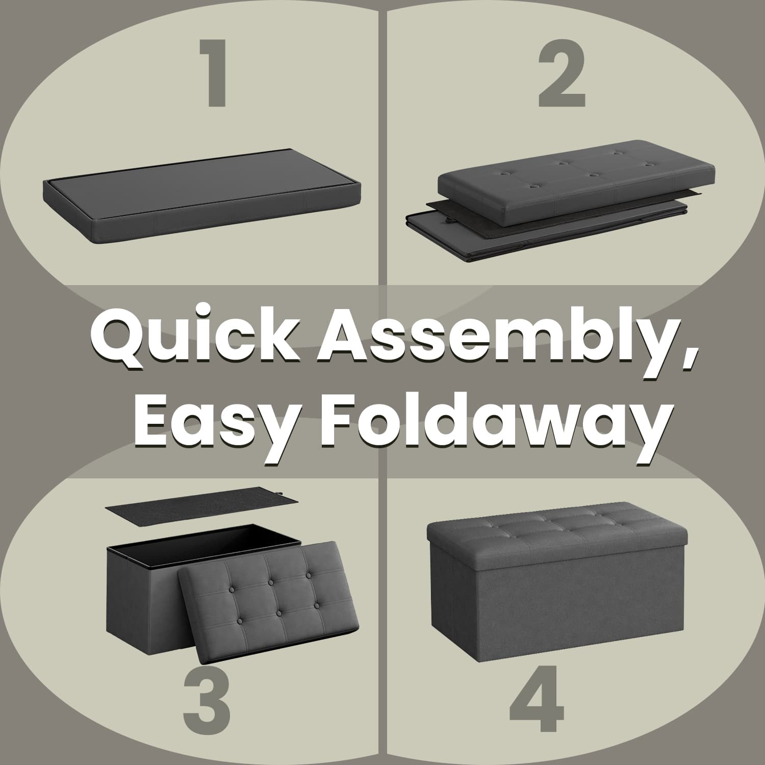 Storage Ottoman Bench – Fabric – Ink Black – Foldable with Storage