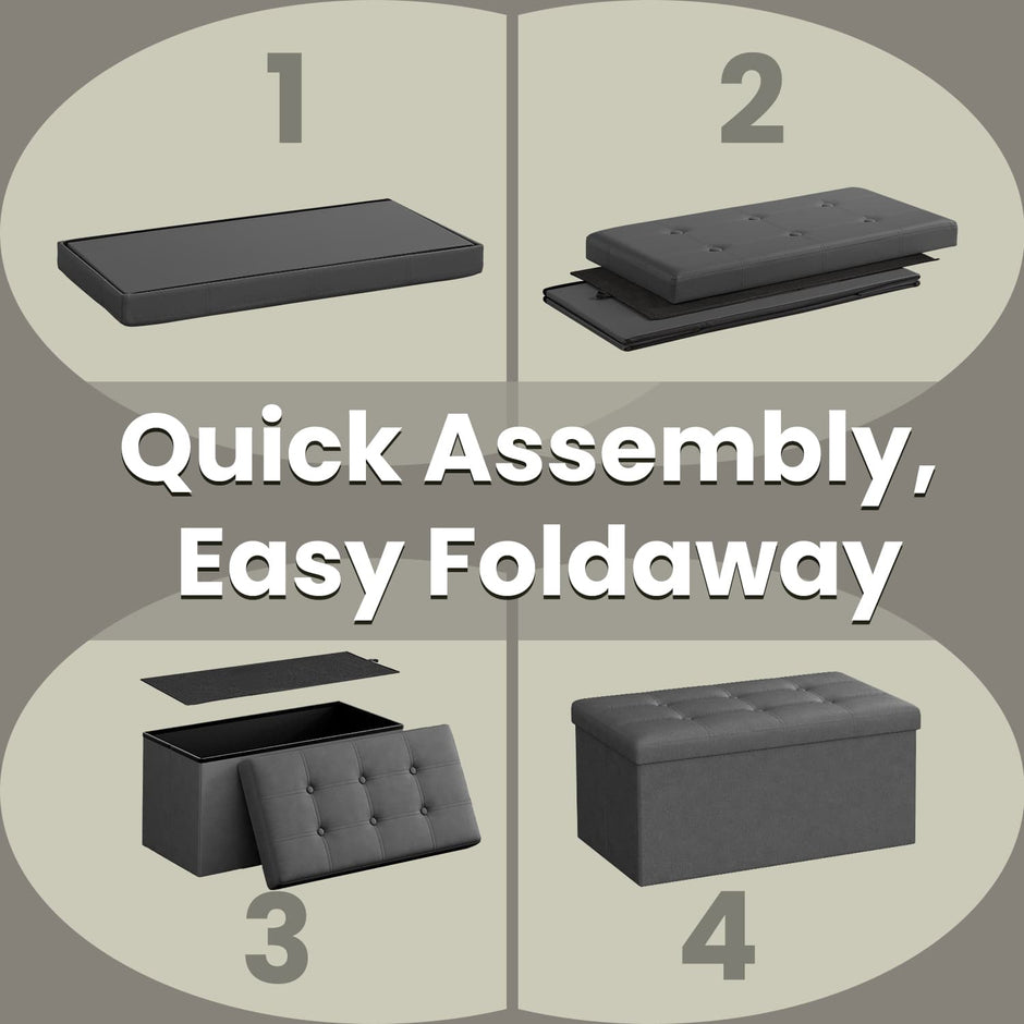 Storage Ottoman Bench – Fabric – Ink Black – Foldable with Storage
