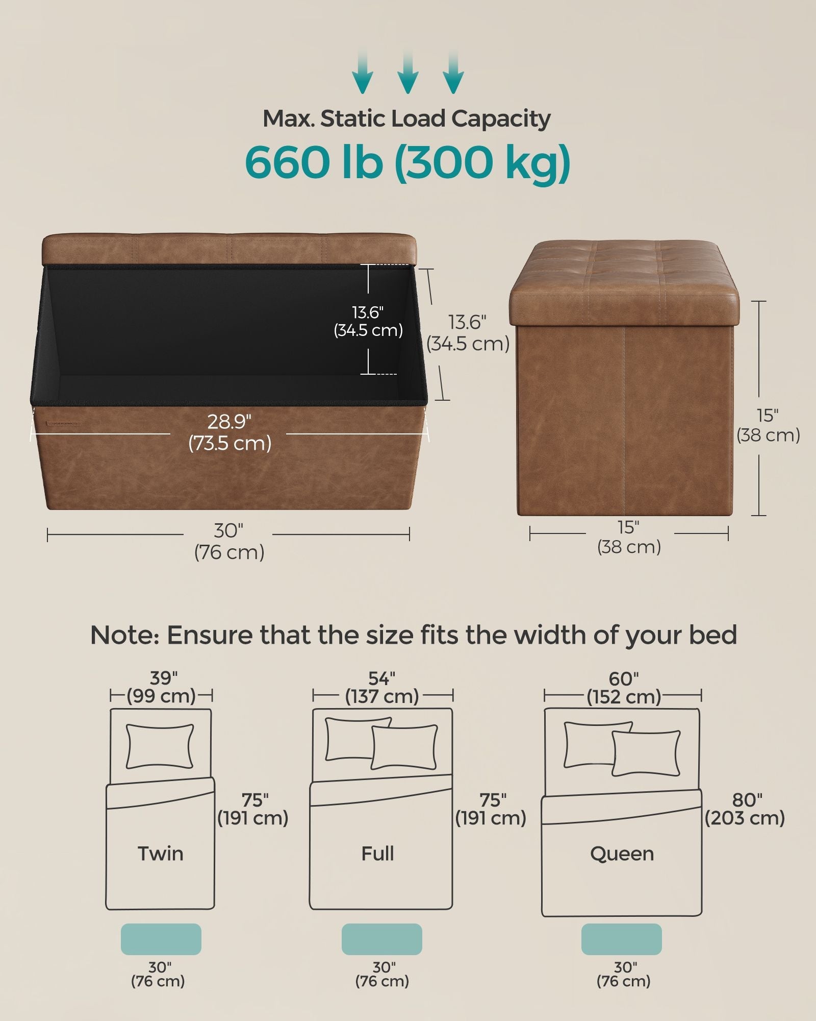 Foldable Storage Ottoman – Fabric – Coffee Brown – Cube Design with Storage