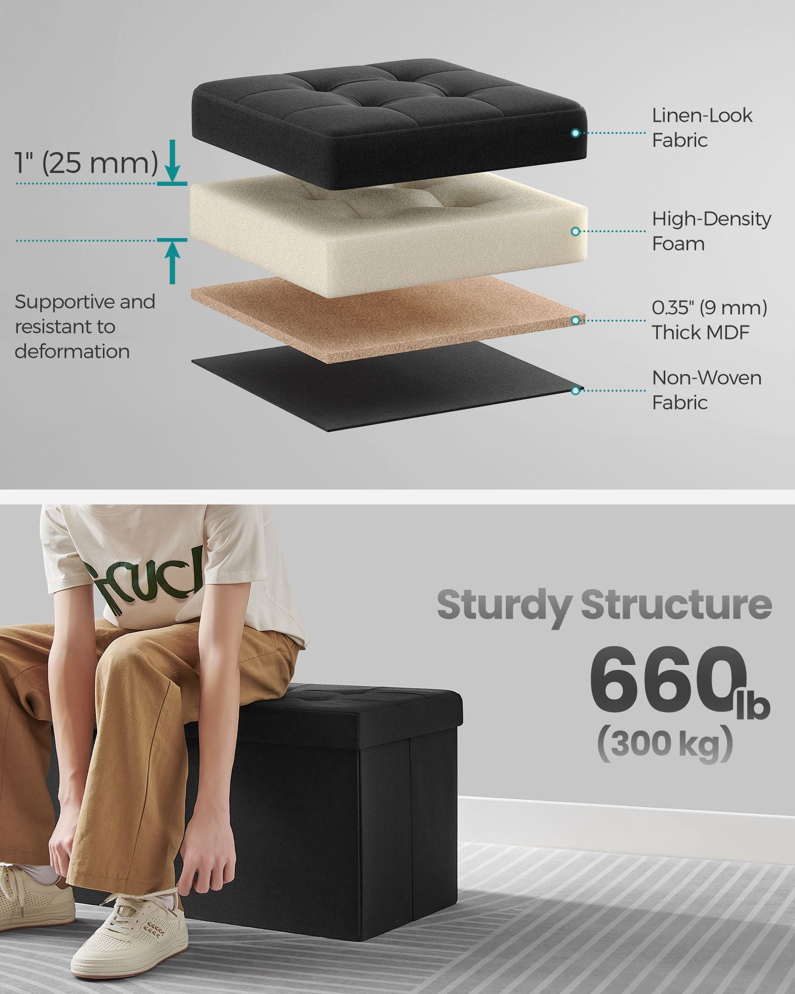 Storage Ottoman – Fabric – Ink Black – Flipping Lid and Foldable Design