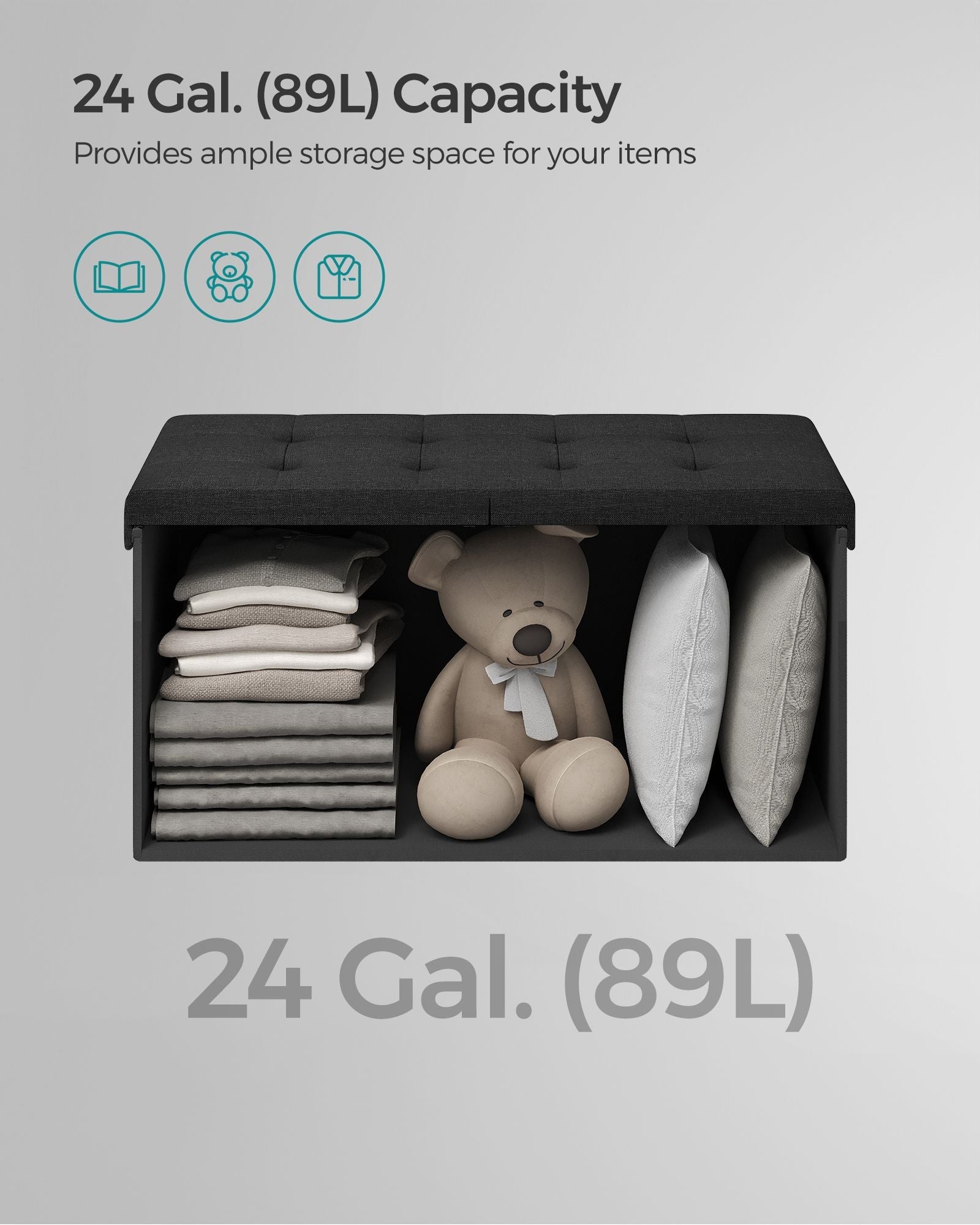 Storage Ottoman – Fabric – Ink Black – Flipping Lid and Foldable Design